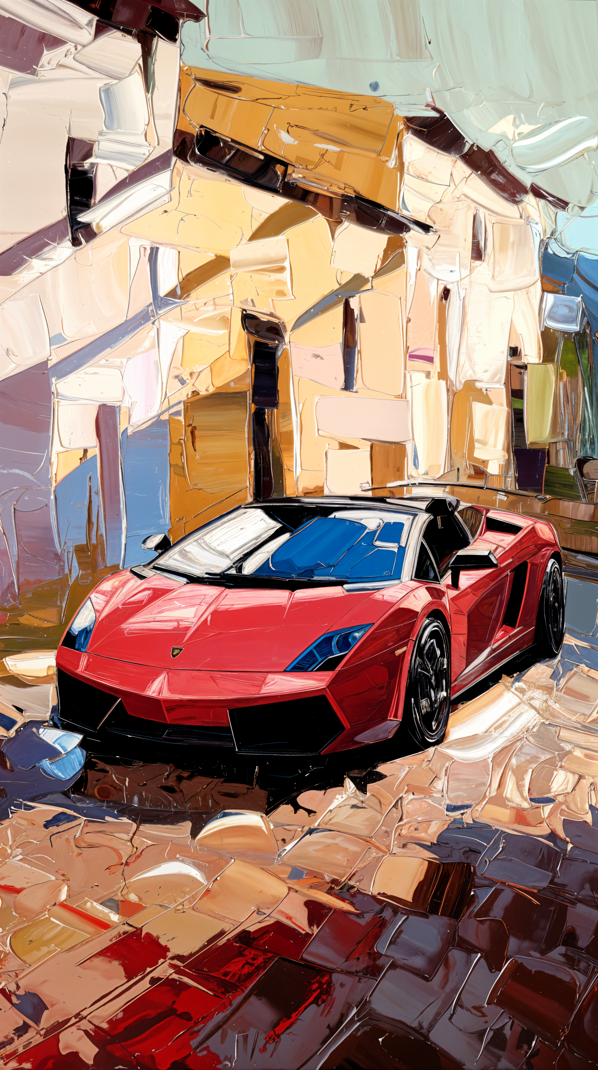 A vibrant digital painting of a red Lamborghini parked on a cobblestone street, framed by warm-toned buildings and bright blue sky, designed as a phone wallpaper for iPhones and Androids.