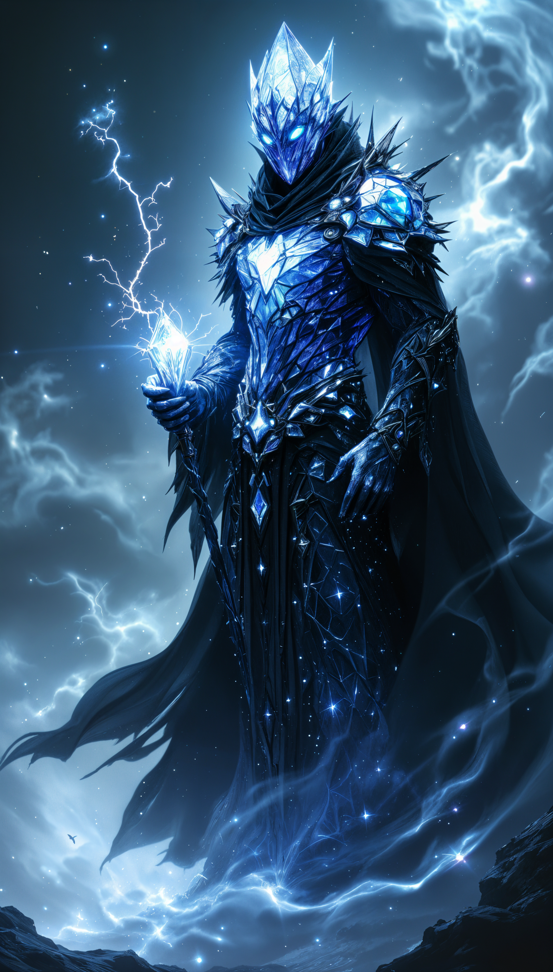 A striking warlock stands amidst swirling storm clouds, cloaked in dark, crystalline armor, wielding a glowing staff charged with electric energy. A captivating phone wallpaper design.