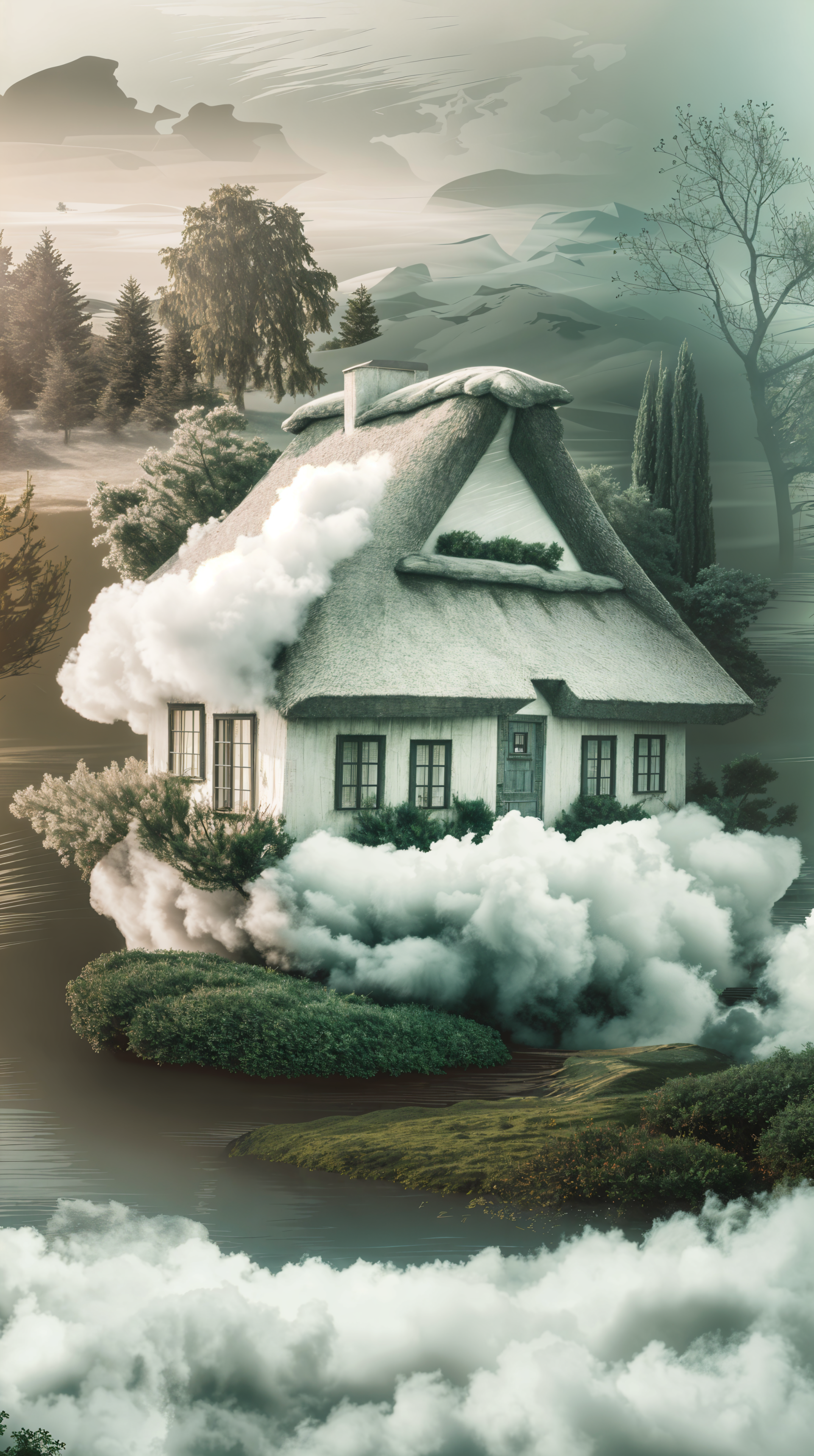 A serene cottage surrounded by lush greenery and clouds, set against a dreamy landscape, makes this enchanting image a captivating phone wallpaper.