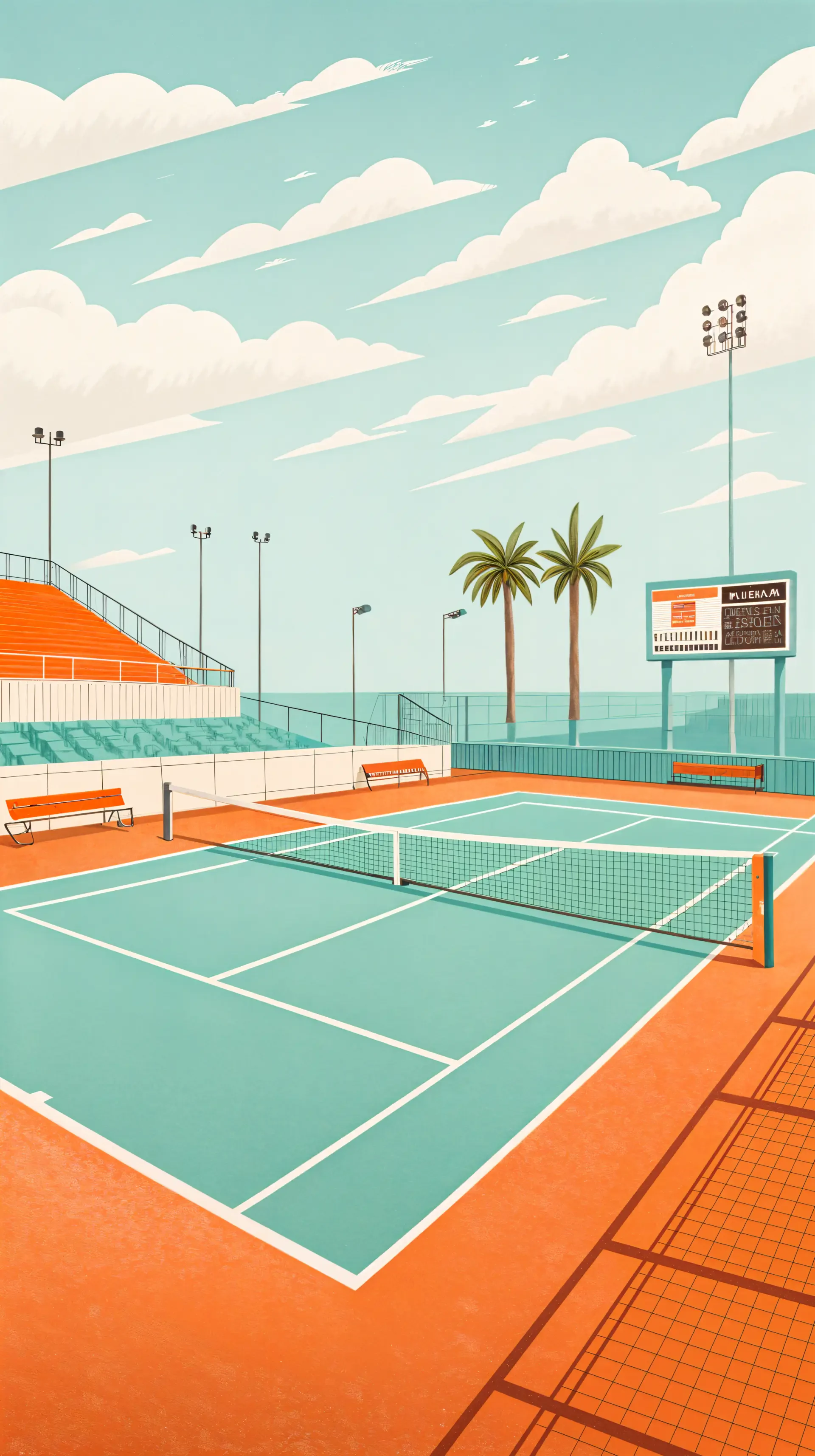 Illustration of a vibrant tennis court with palm trees under a partly cloudy sky, designed as a phone wallpaper for iPhones and Android devices.