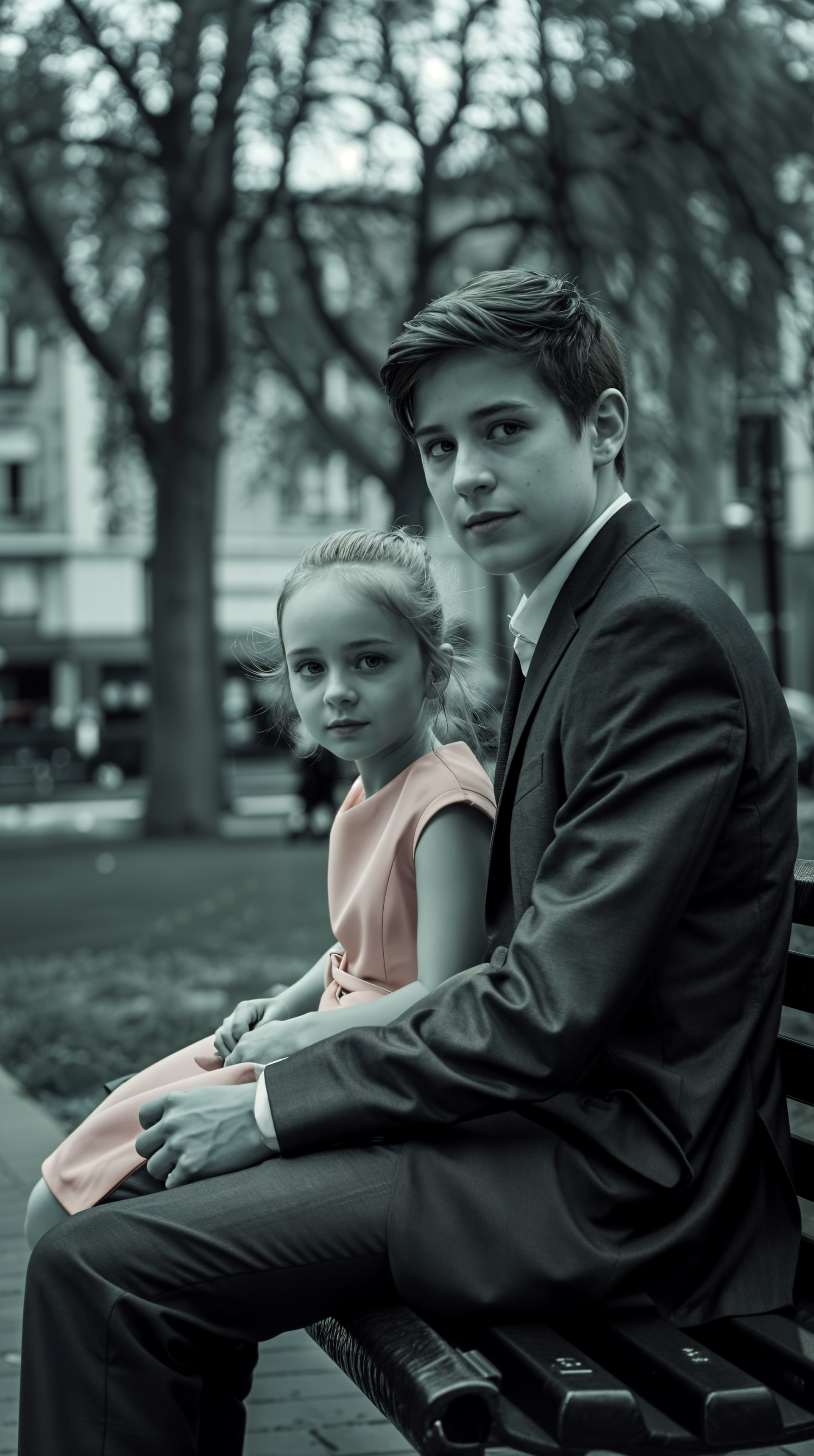 A boy in a suit sits on a bench with his younger sister, who is wearing a pink dress. The scene is captured in a moody black and white, creating a striking phone wallpaper.