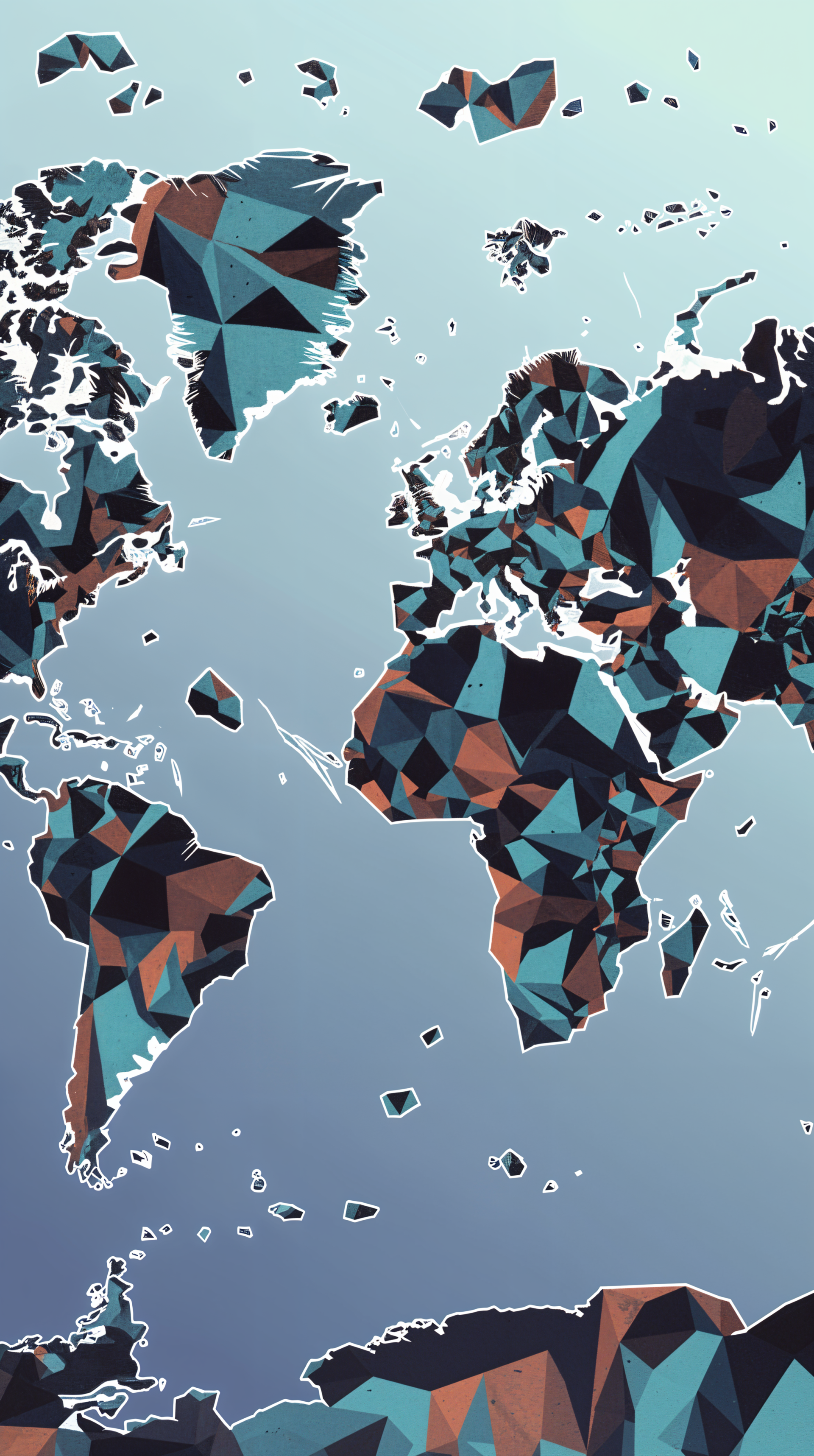 Geometric world map design in vibrant colors, set against a smooth gradient background, makes for an engaging phone wallpaper.