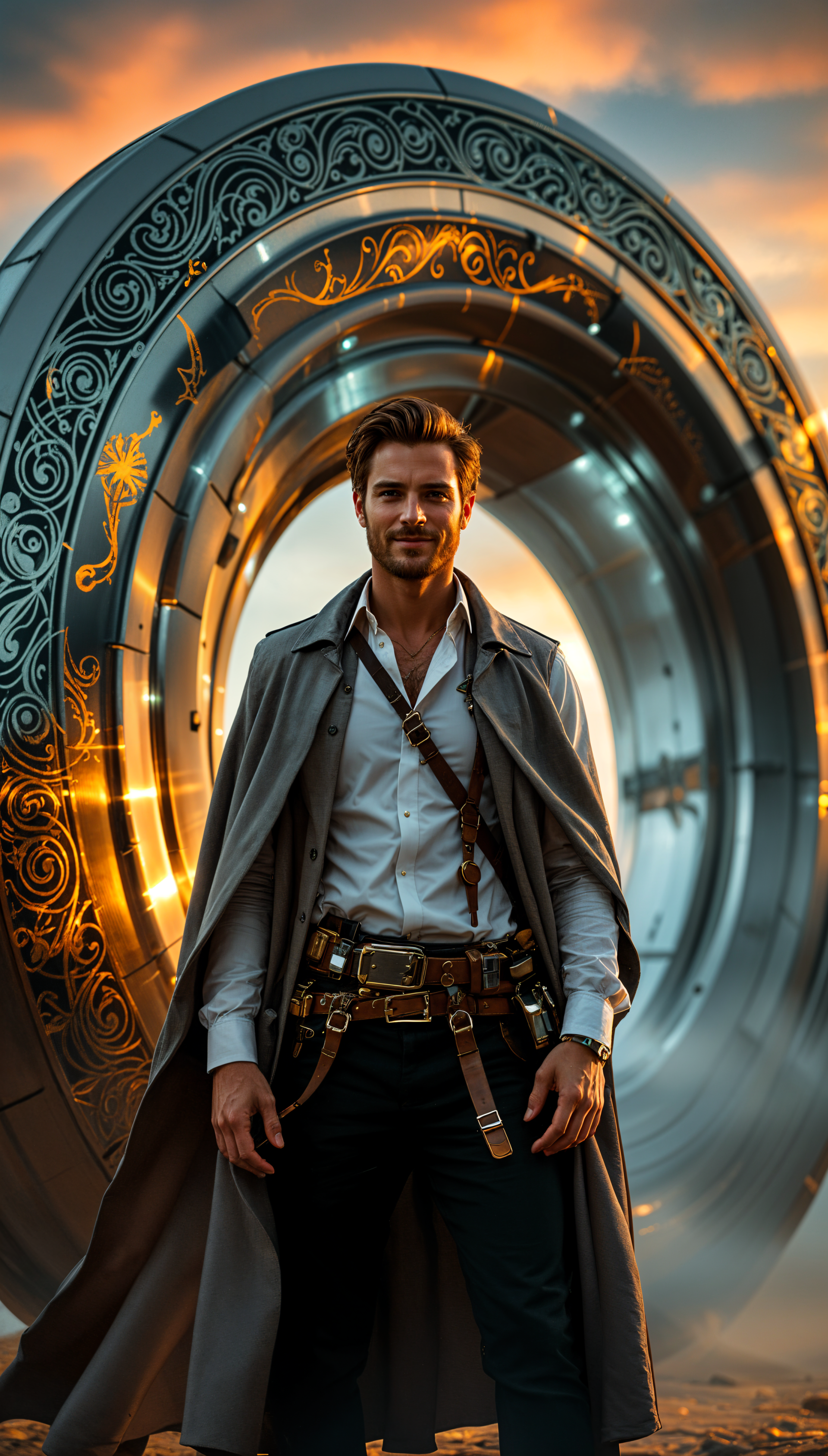 A confident time traveler stands before a glowing, ornate portal, dressed in a stylish cloak and equipped with gadgets, set against a vibrant, atmospheric sky. This image serves as an engaging phone wallpaper.
