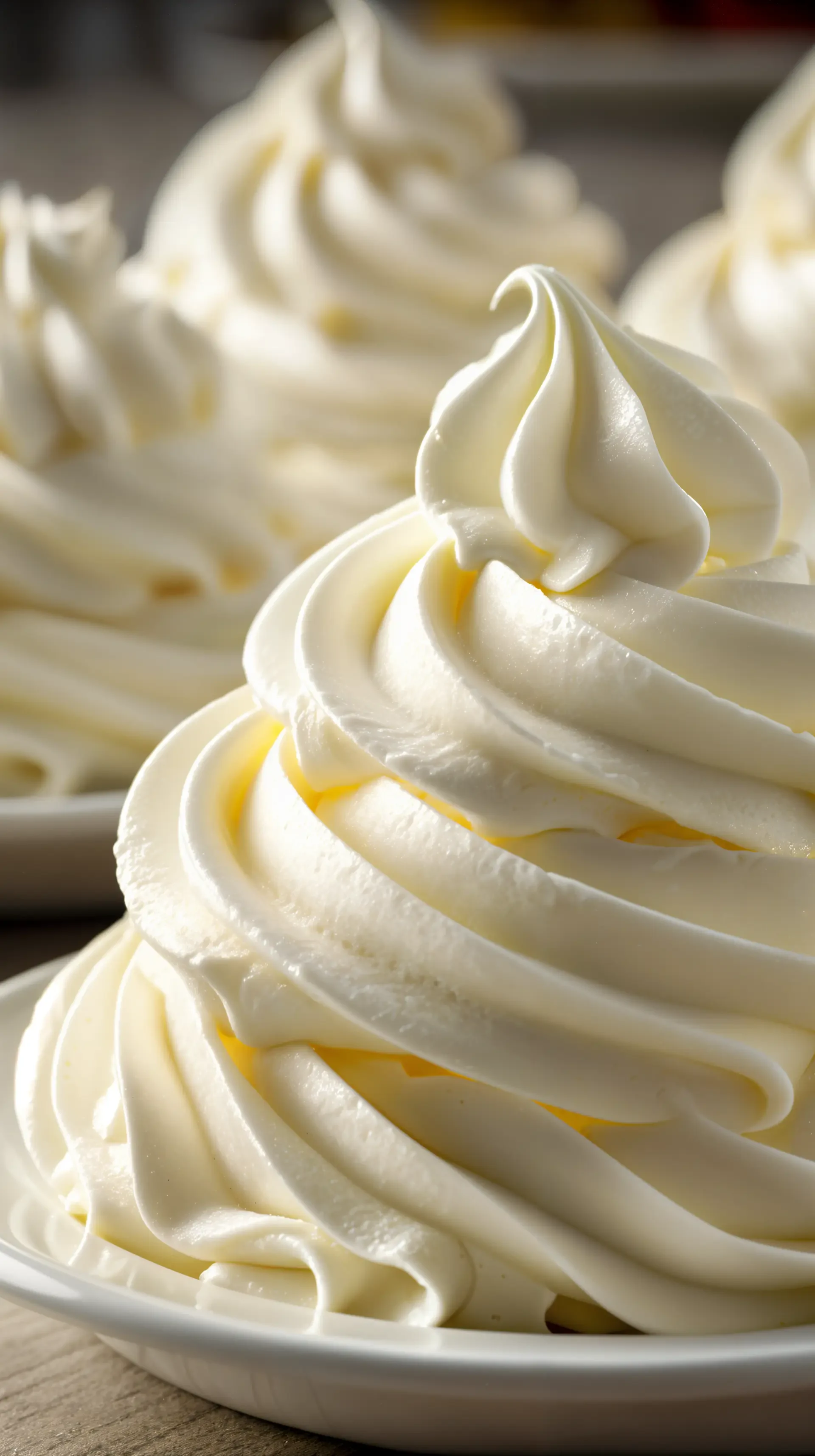 Close-up of smooth, swirled whipped cream on a dessert, showcased as a vibrant phone wallpaper for iPhones and Android devices.