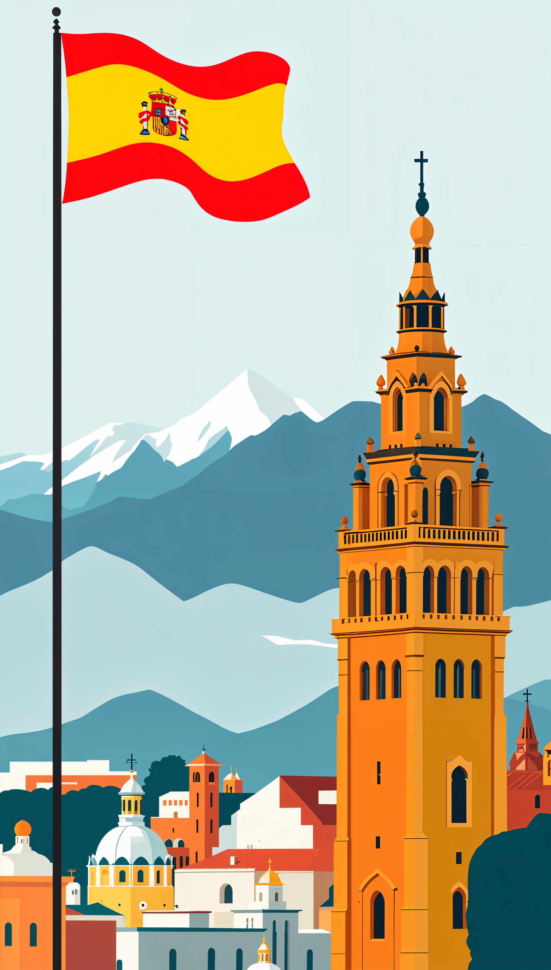A vibrant digital wallpaper featuring a Spanish flag waving over a picturesque town with distinctive architecture and mountains in the background, capturing the essence of Spain.