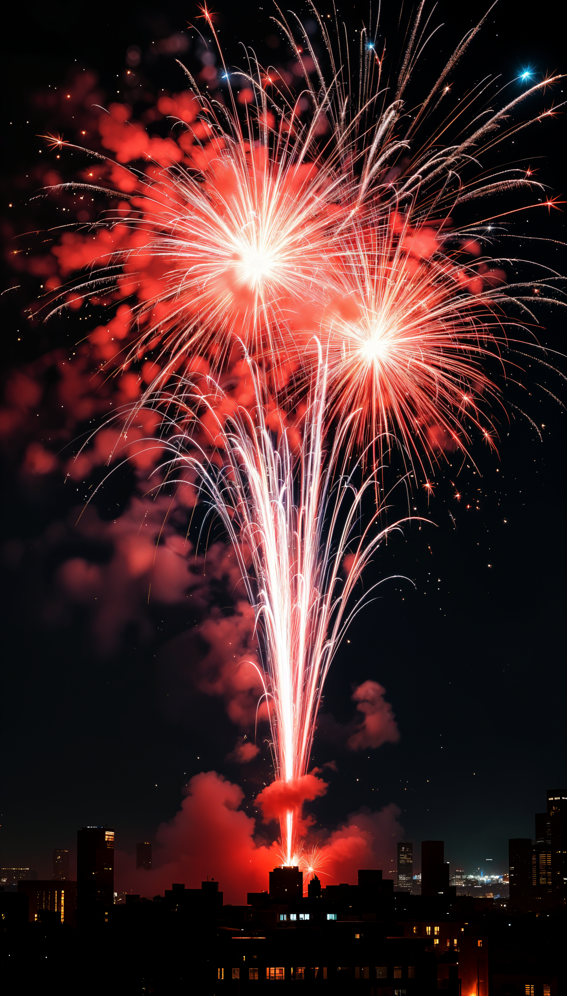 A vibrant display of red fireworks bursts against a night sky, lighting up the scene with sparkling trails and clouds of smoke, creating a stunning phone wallpaper.