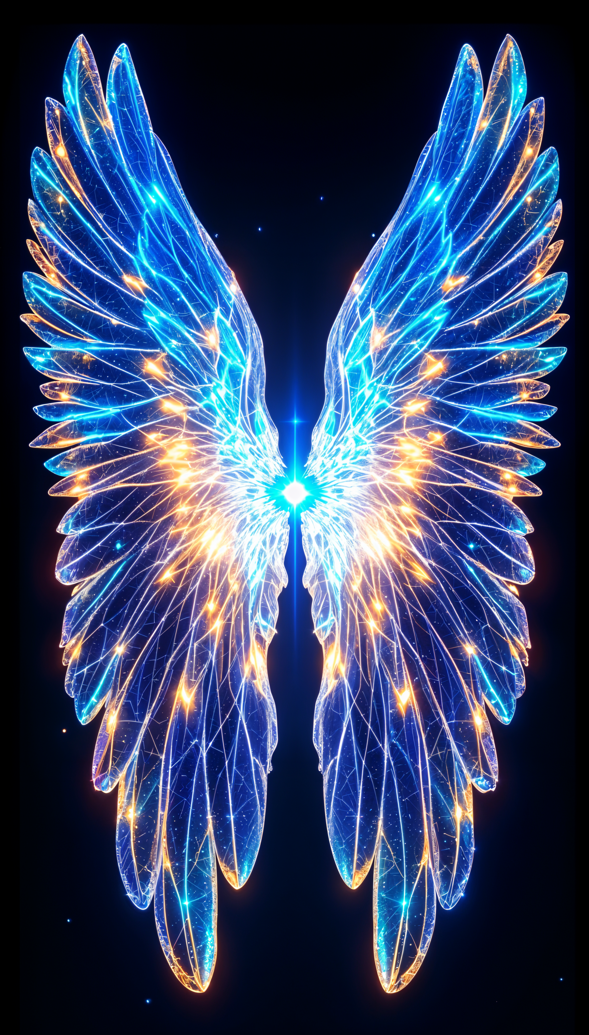 A vibrant phone wallpaper featuring luminous angel wings, radiating blue and golden hues against a dark background, creating a captivating and celestial effect.