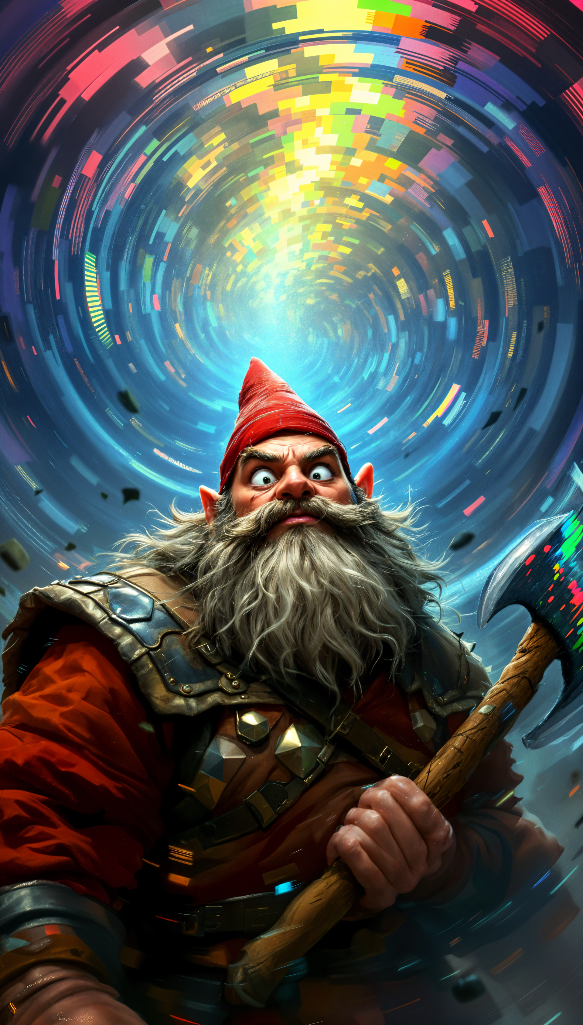 A vibrant phone wallpaper featuring a fierce dwarf with a thick beard and red hat, holding an axe, set against a colorful swirling background.