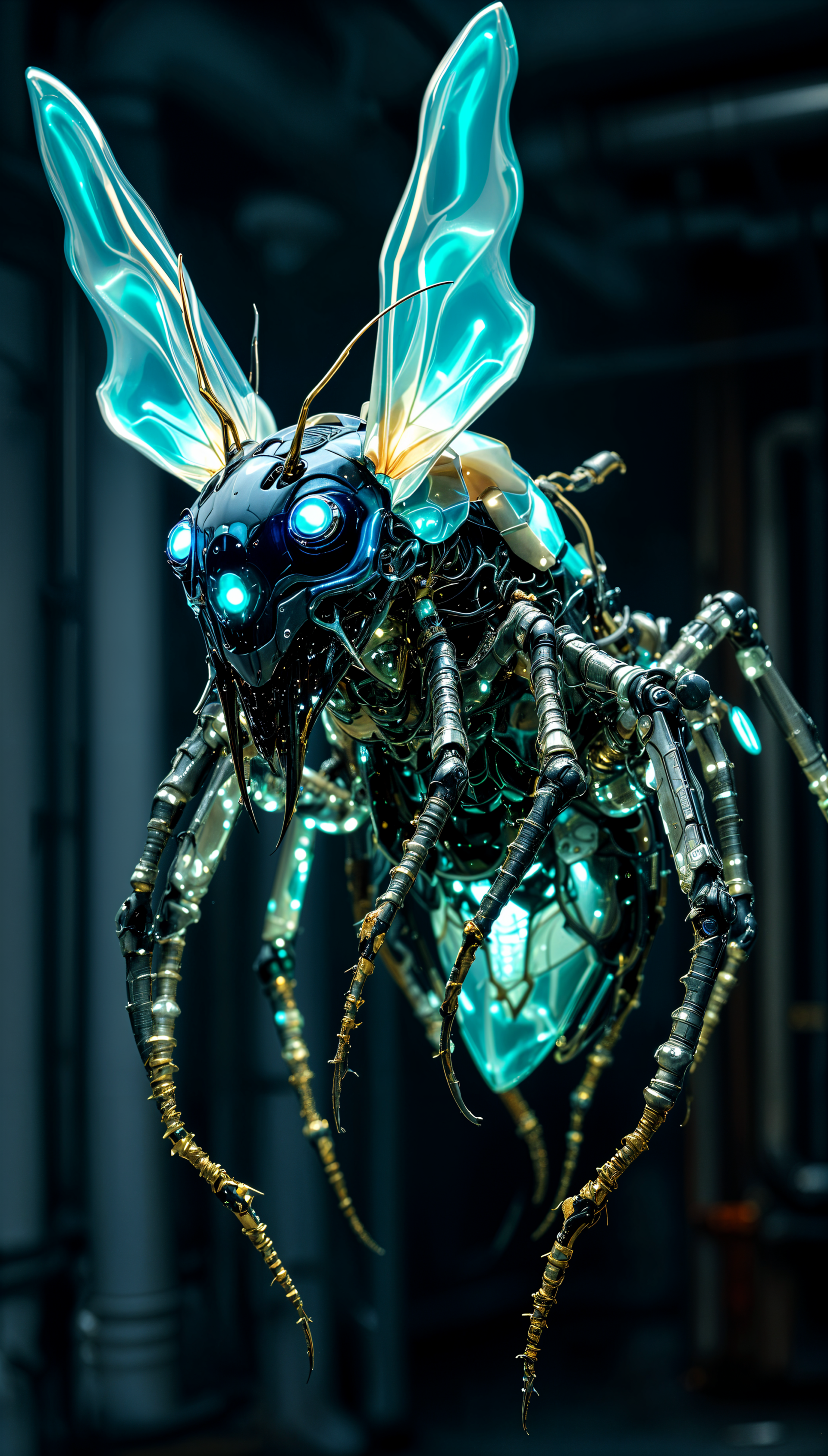 A futuristic, robotic bee with glowing blue features and transparent wings hovers against a dark industrial backdrop, creating a striking and innovative phone wallpaper.