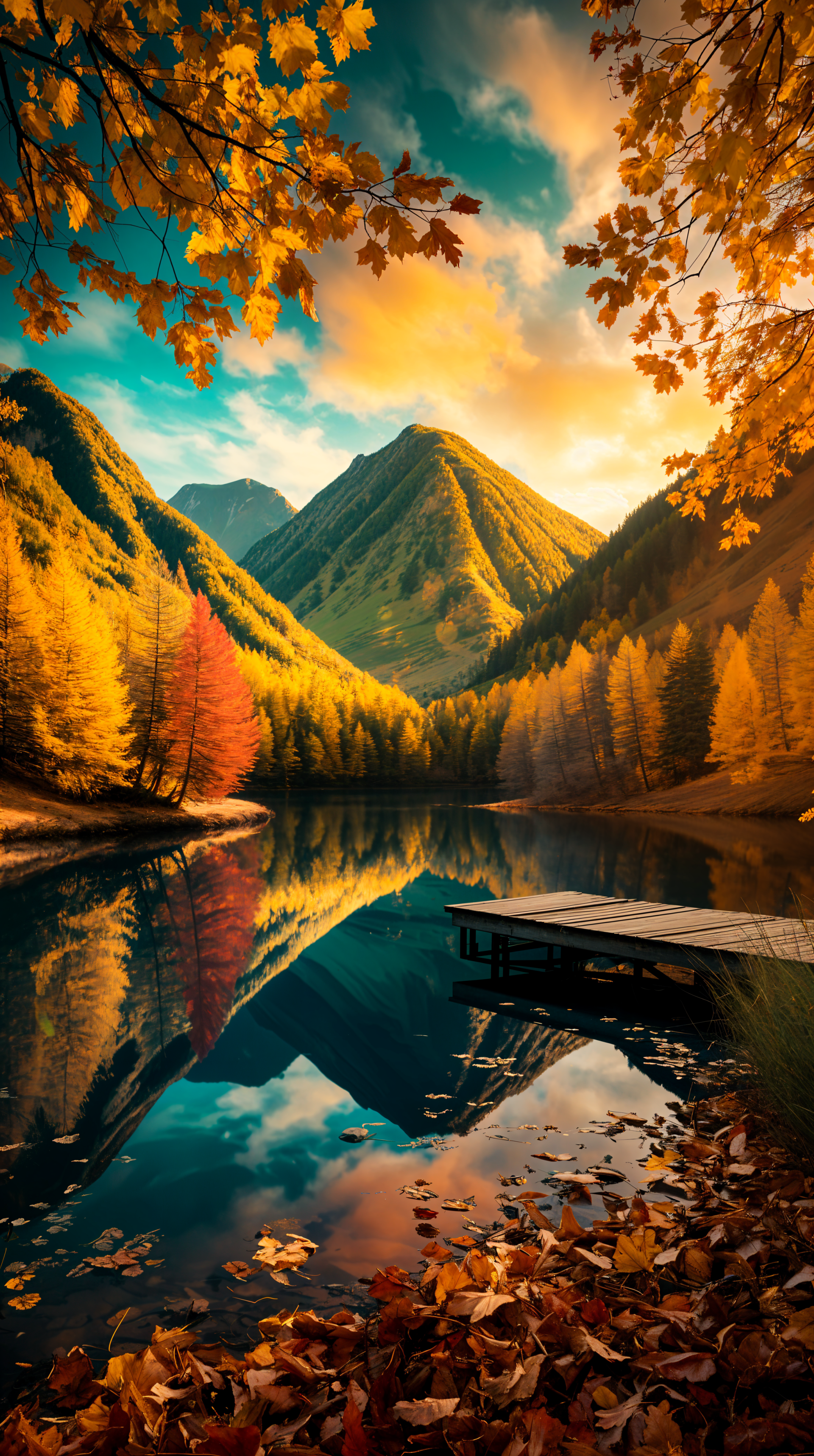 Phone wallpaper of an autumn forest and mountains reflected in a tranquil lake, framed by golden leaves under a vibrant sky, designed for iPhone and Android devices.