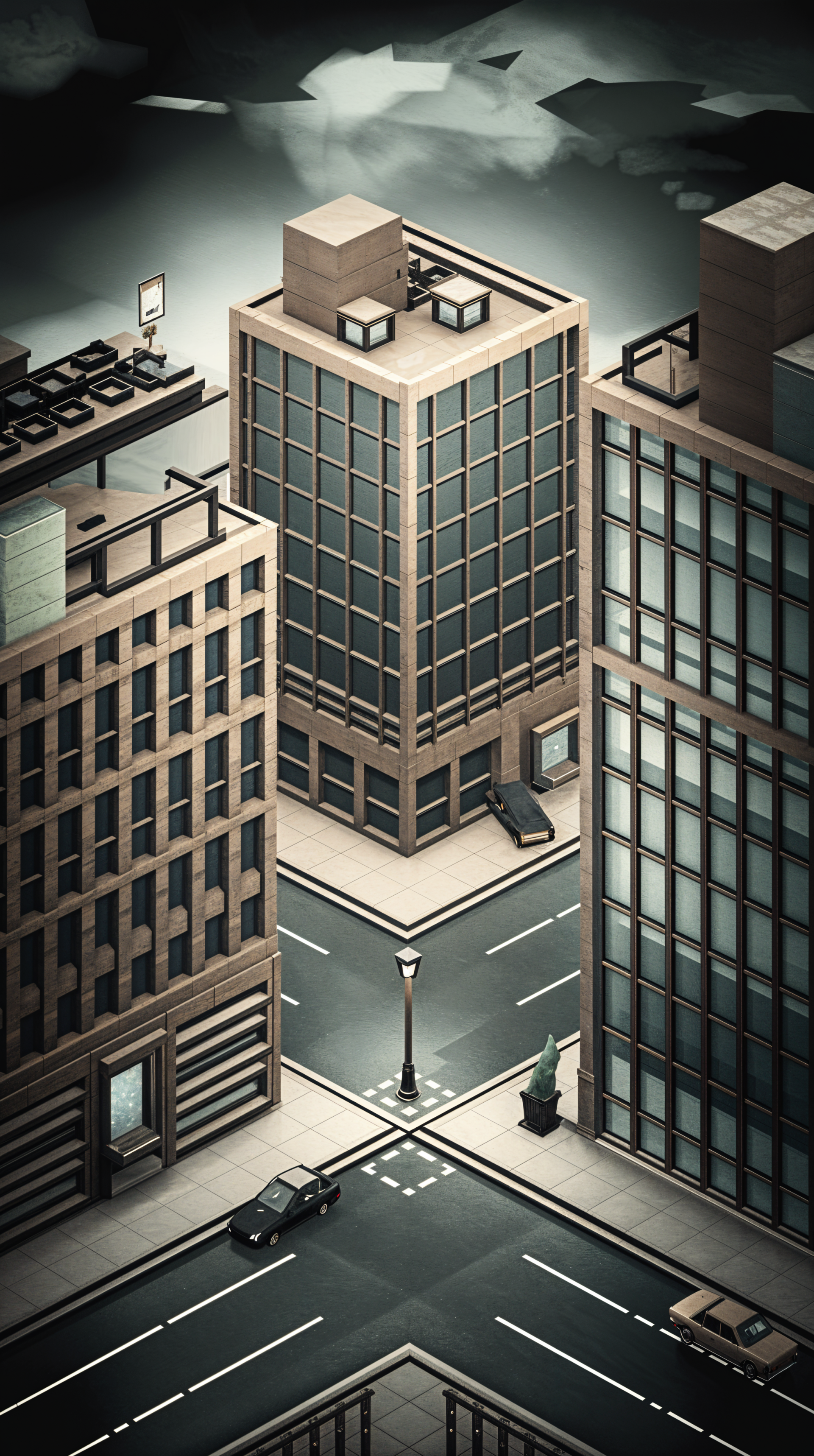 A stylized urban scene featuring modern buildings at a city intersection, with a streetlamp and cars, creating a dynamic phone wallpaper design.