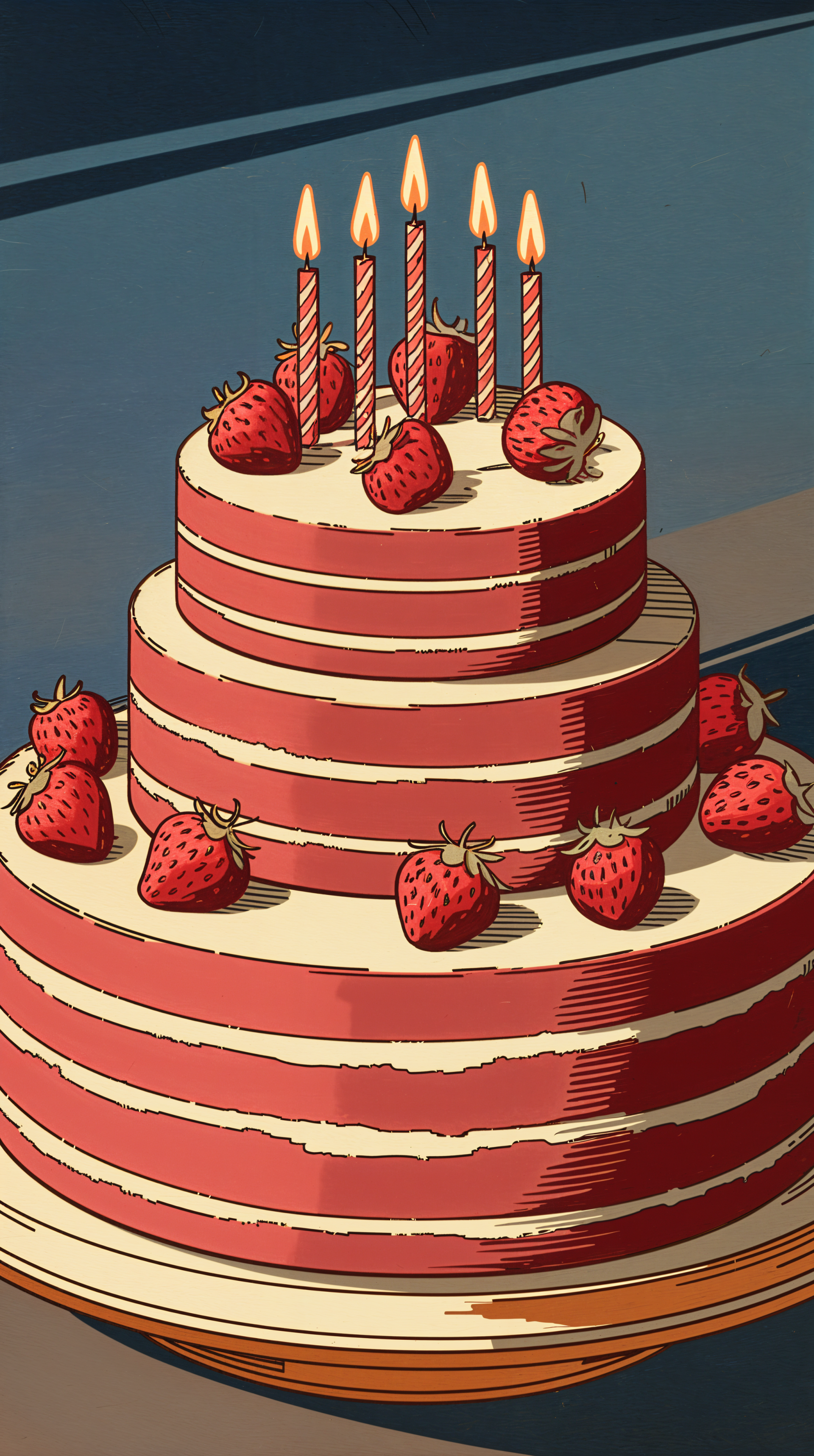 A vibrant strawberry cake with five lit candles and fresh strawberries adorns the tiers, designed as a delightful phone wallpaper.