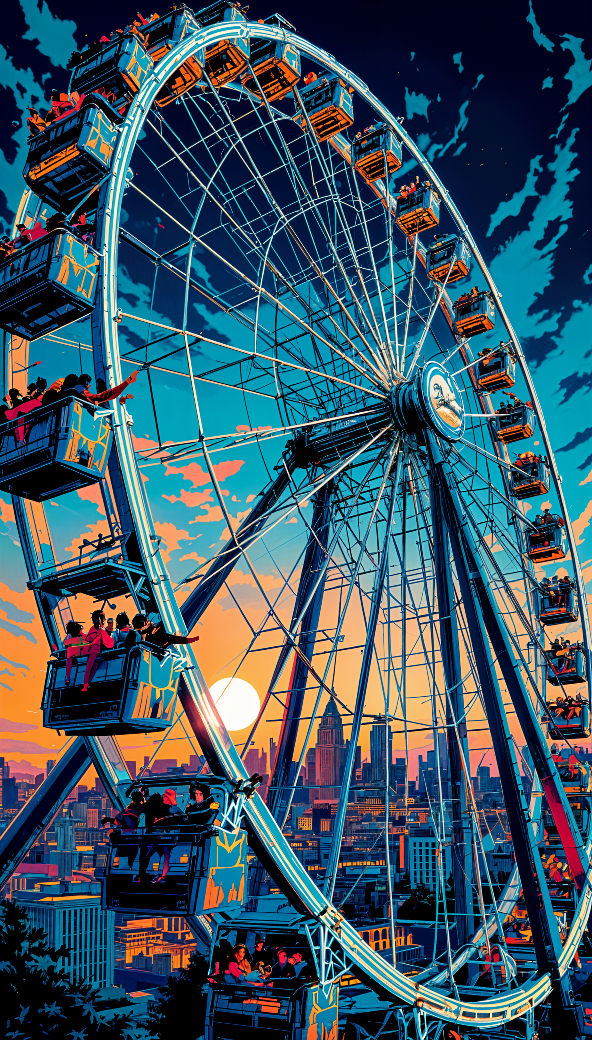 A vibrant Ferris wheel against a sunset sky, overlooking a city skyline, makes an eye-catching phone wallpaper that captures the joy of summer fun and adventure.