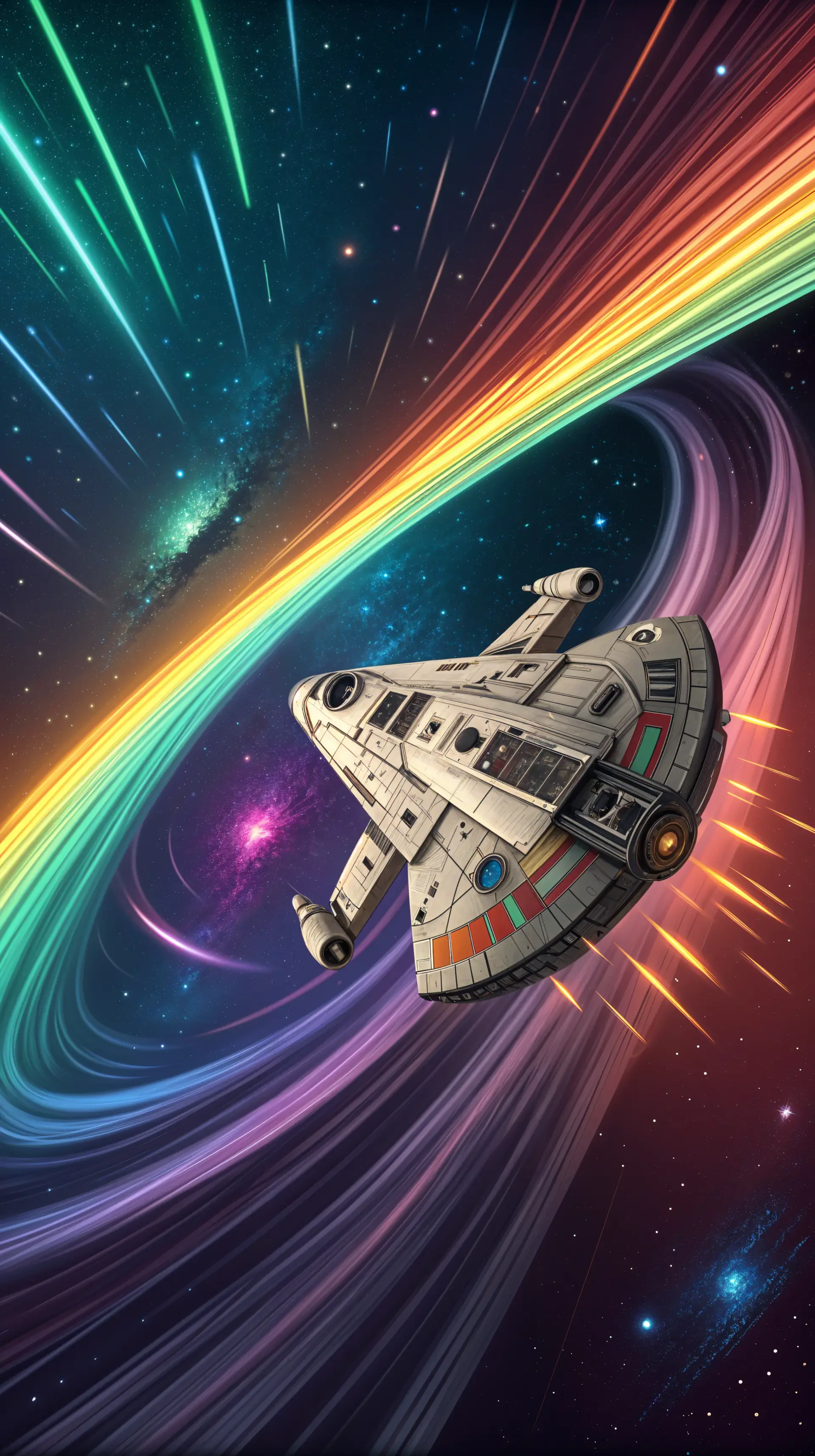 A vibrant phone wallpaper featuring a spaceship in warp speed, surrounded by colorful streaks of light and cosmic elements, set against a deep space backdrop.