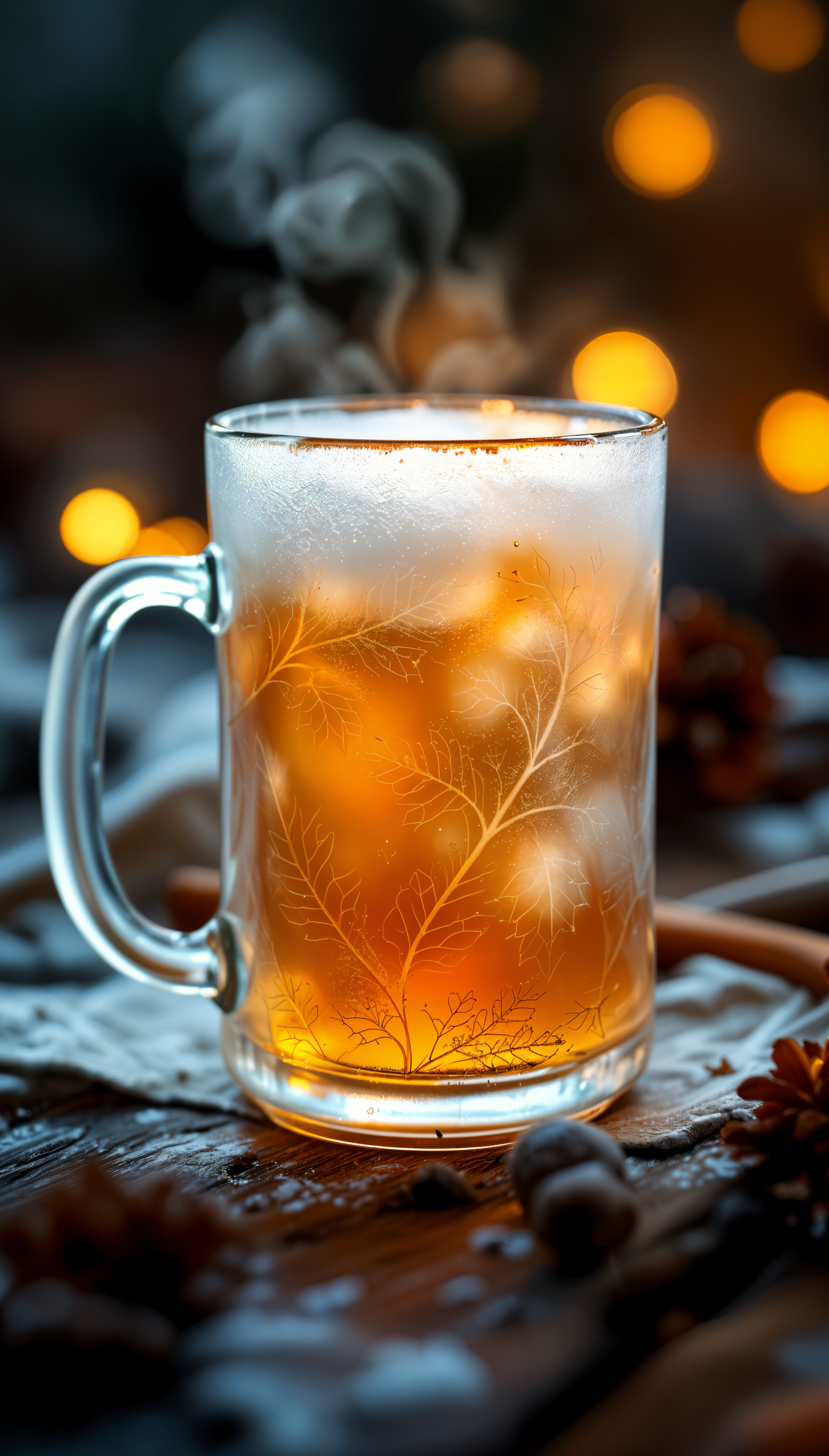 A steaming mug of apple cider, decorated with intricate leaf patterns, glows warmly against a backdrop of soft, blurred lights, creating a cozy, inviting atmosphere for phone wallpaper.