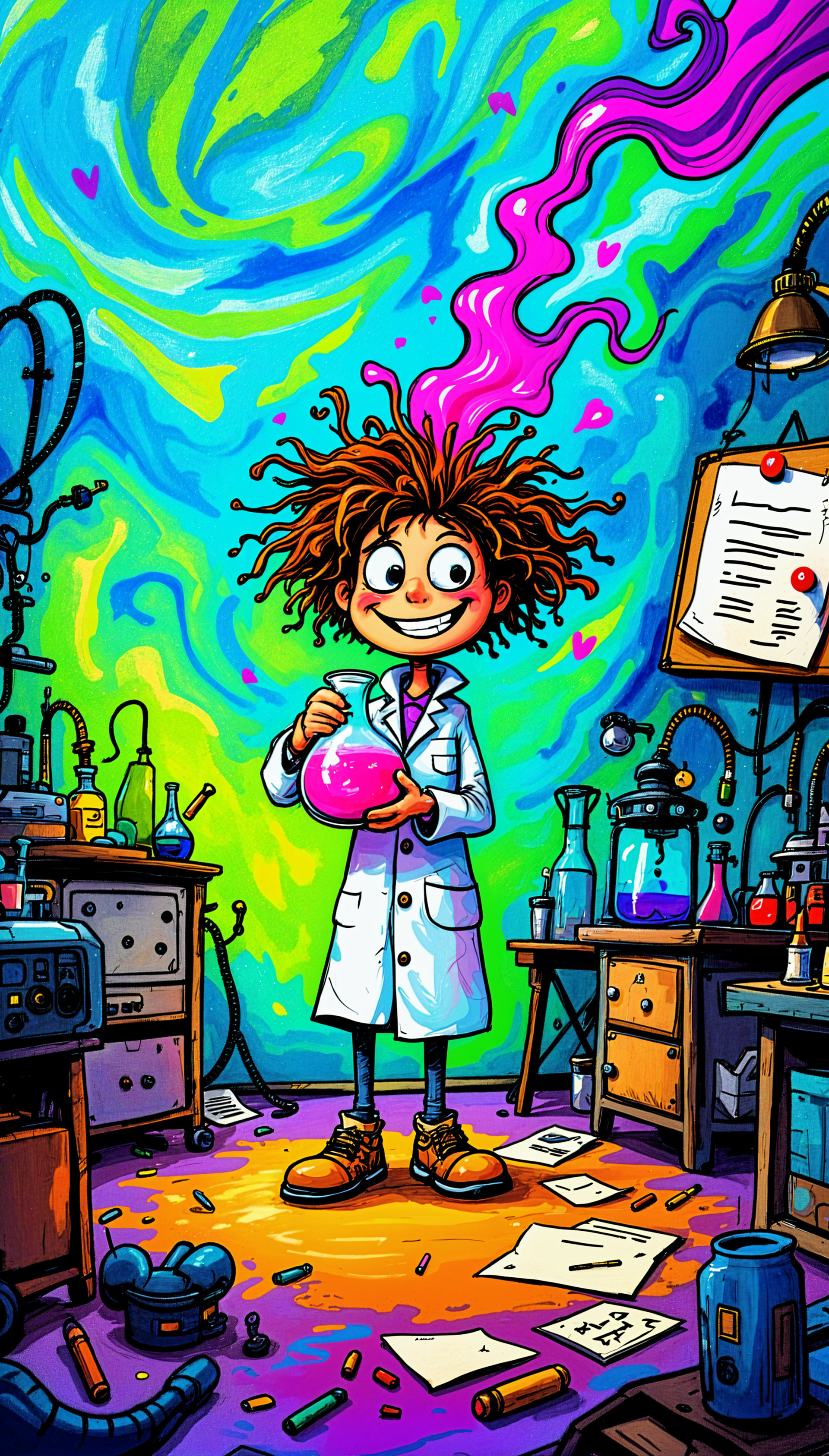 A cheerful scientist with wild hair holds a glowing potion amidst a colorful laboratory filled with various equipment and papers, creating a vibrant phone wallpaper.