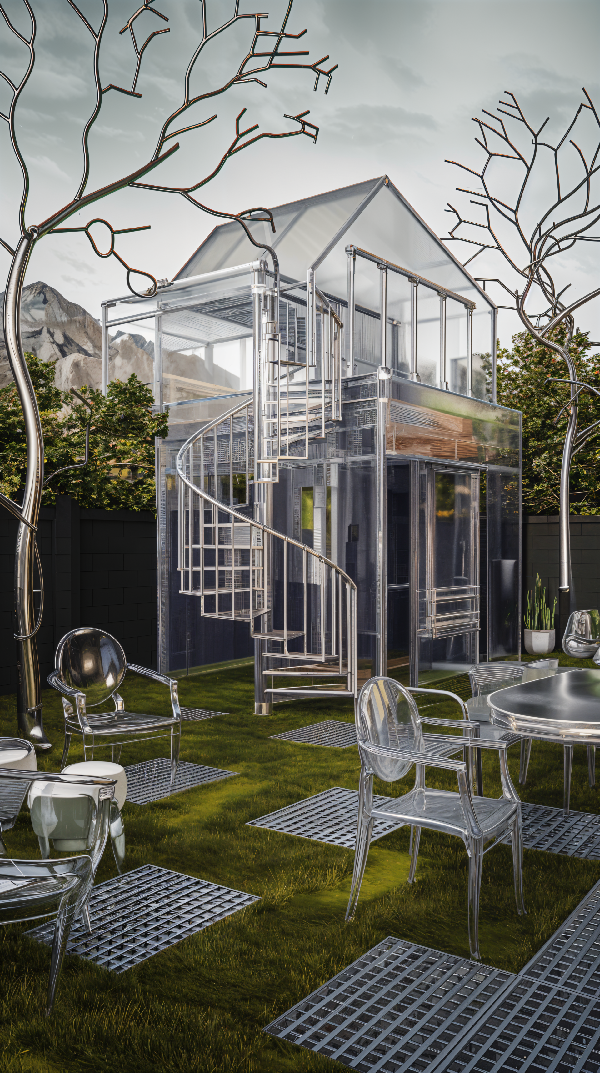 A modern glass house with a spiral staircase is set in a lush backyard, surrounded by sparse trees and stylish transparent furniture, creating a serene outdoor space.