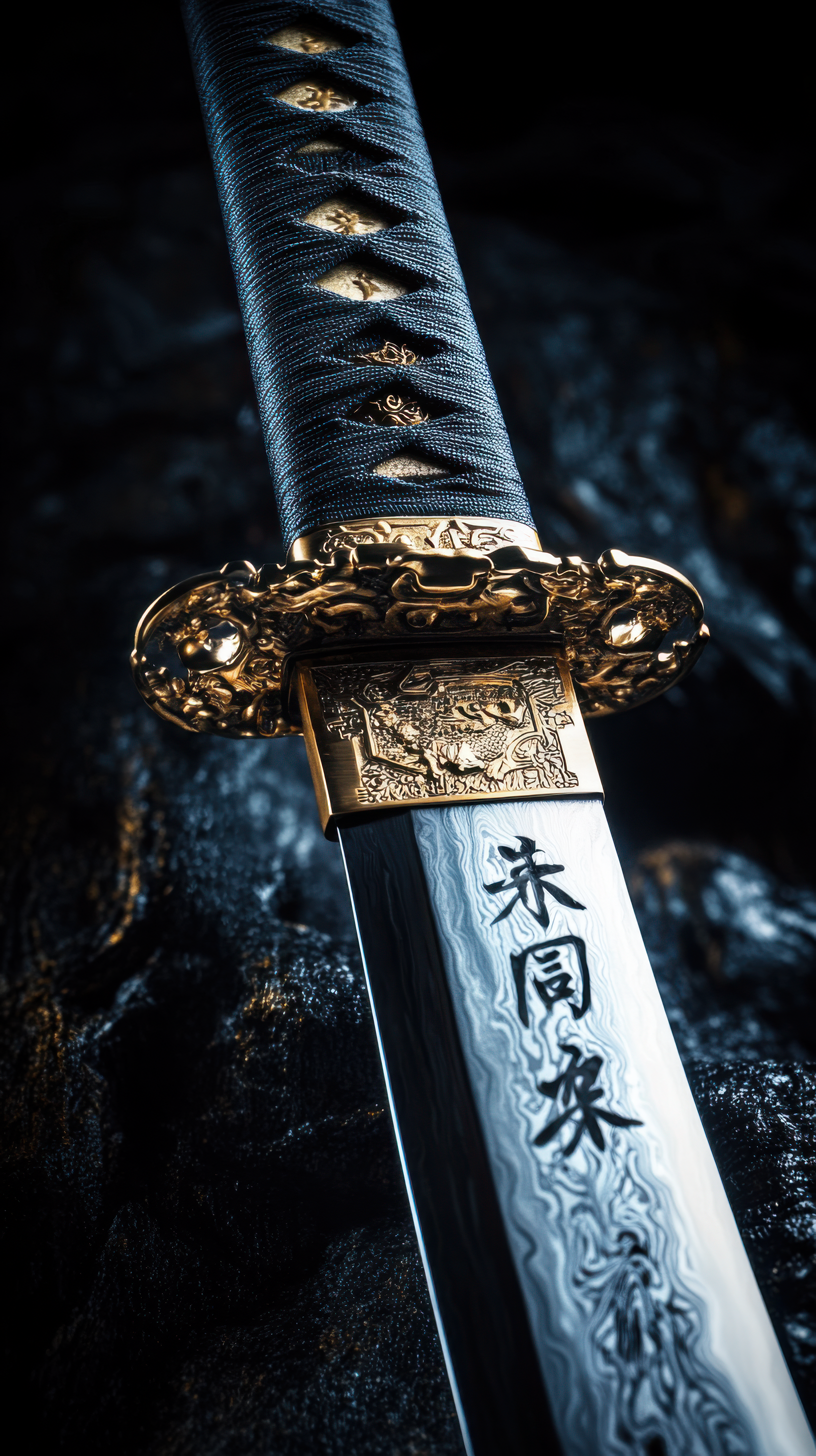 Close-up of a detailed samurai katana sword with intricate gold designs and engraved blade, displayed as a striking phone wallpaper for iPhone and Android.