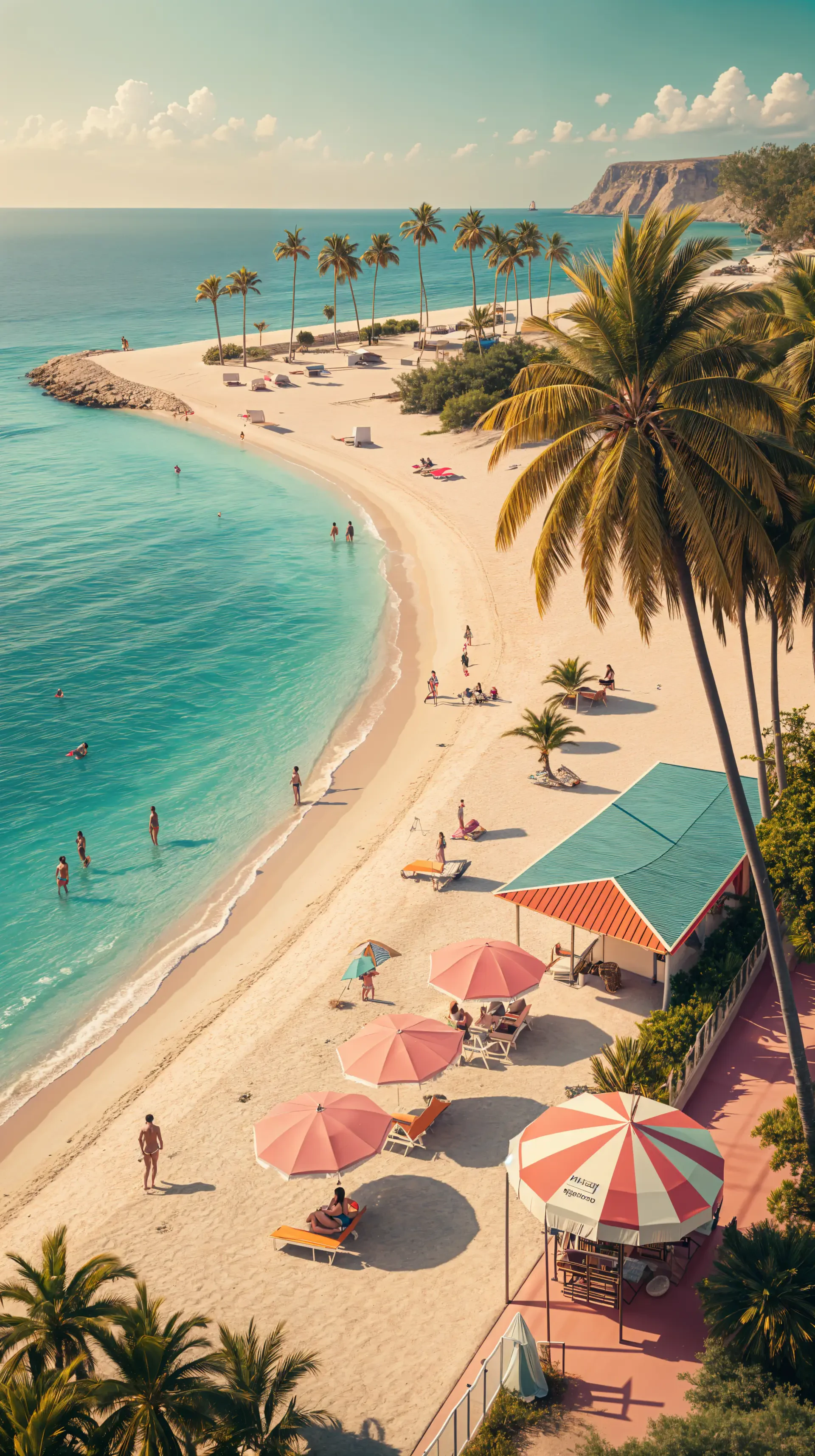 A serene beach scene featuring soft sand, gentle waves, and palm trees. Colorful umbrellas and sunbathers create a vibrant atmosphere, making it a captivating phone wallpaper.