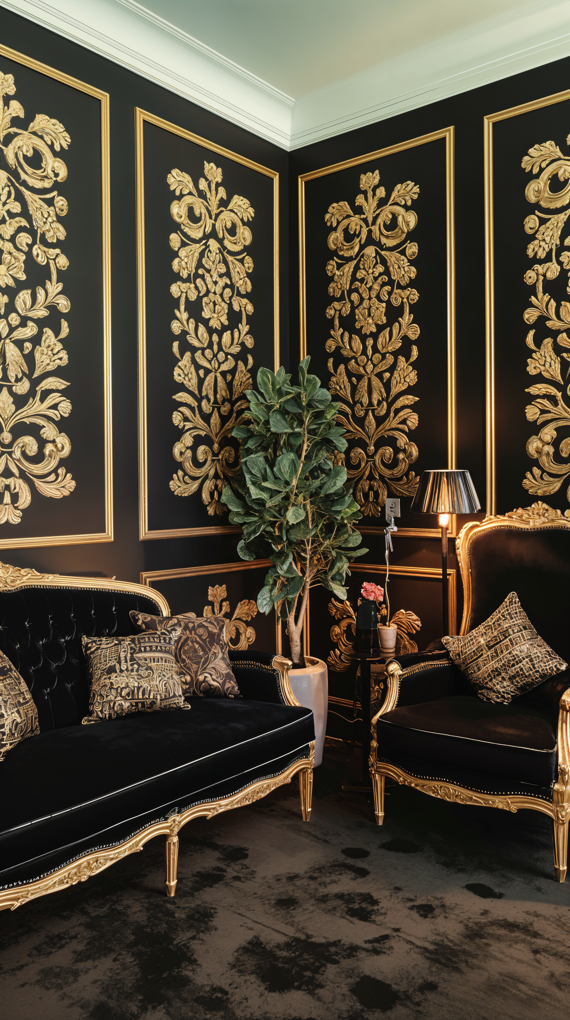 A luxurious therapy-inspired space featuring black and gold wallpaper, elegantly designed sofas, a stylish lamp, and a decorative plant, creating a serene atmosphere.