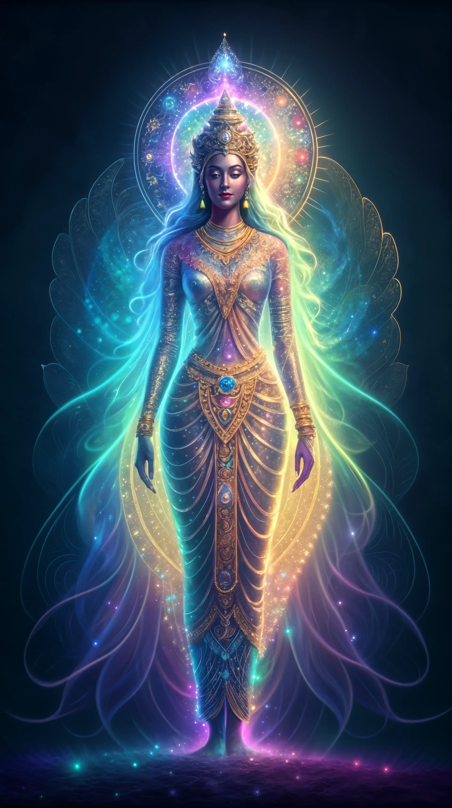 A serene goddess stands gracefully, adorned in shimmering attire with a radiant aura of vibrant colors, creating a captivating and mystical phone wallpaper.