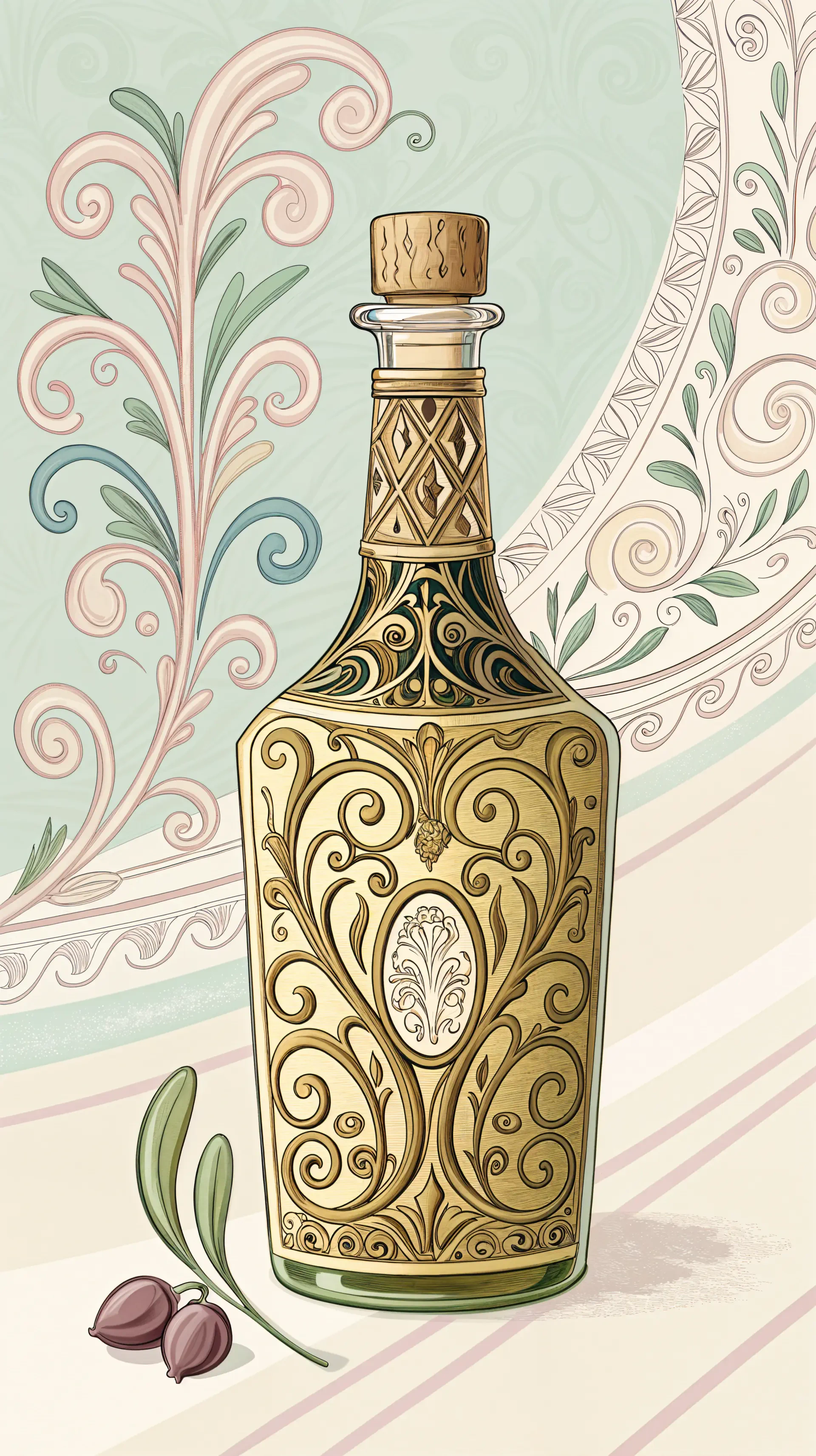 An elegantly designed olive oil bottle, adorned with intricate patterns, sits against a soft pastel background, making a stylish phone wallpaper choice.