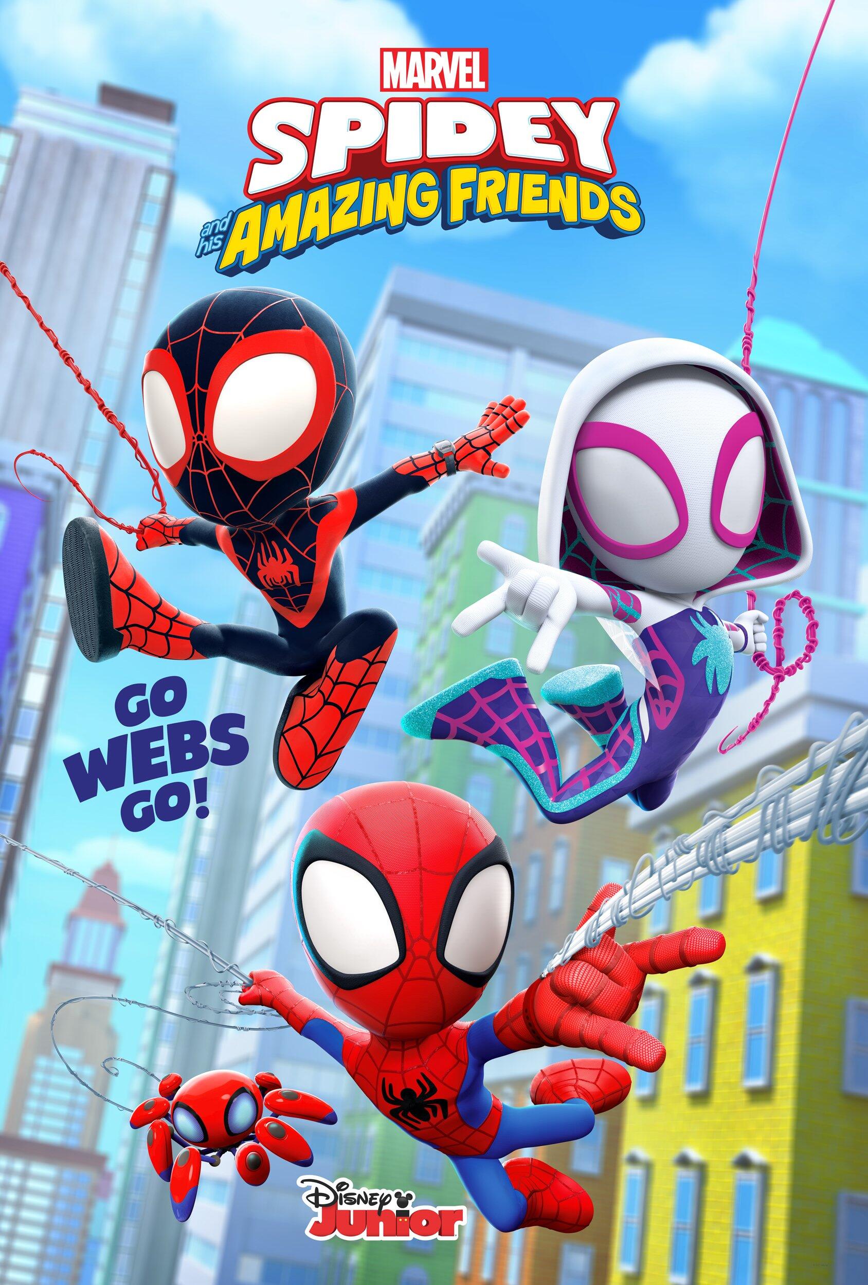 A vibrant phone wallpaper featuring characters from Spidey and His Amazing Friends, showcasing Spidey, Miles Morales, and Ghost-Spider swinging through a city with the phrase Go Webs Go!