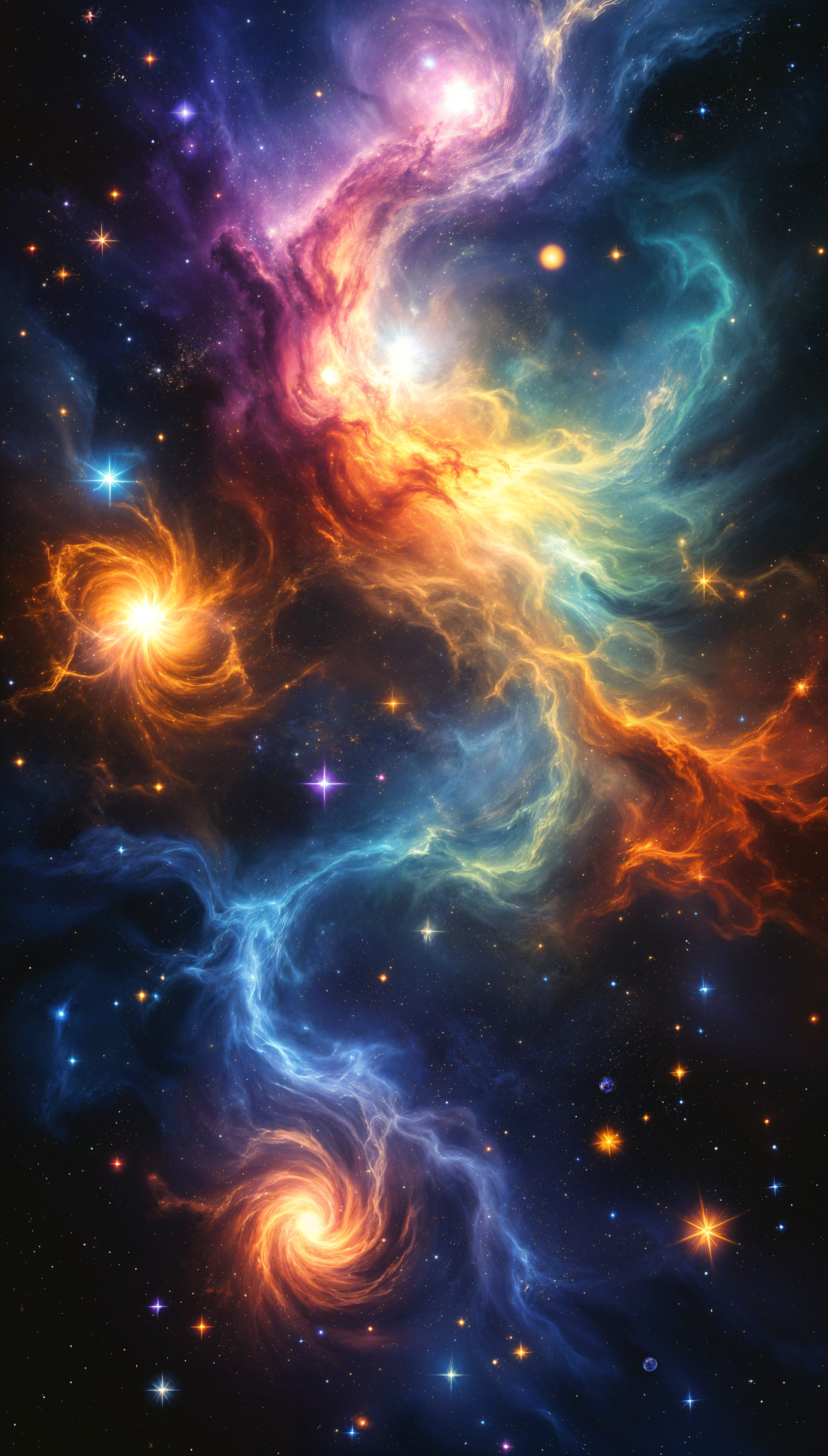 Vibrant cosmos-themed phone wallpaper depicting swirling galaxies, glowing nebulae, and star-filled space, designed for display on iPhones and Android devices.