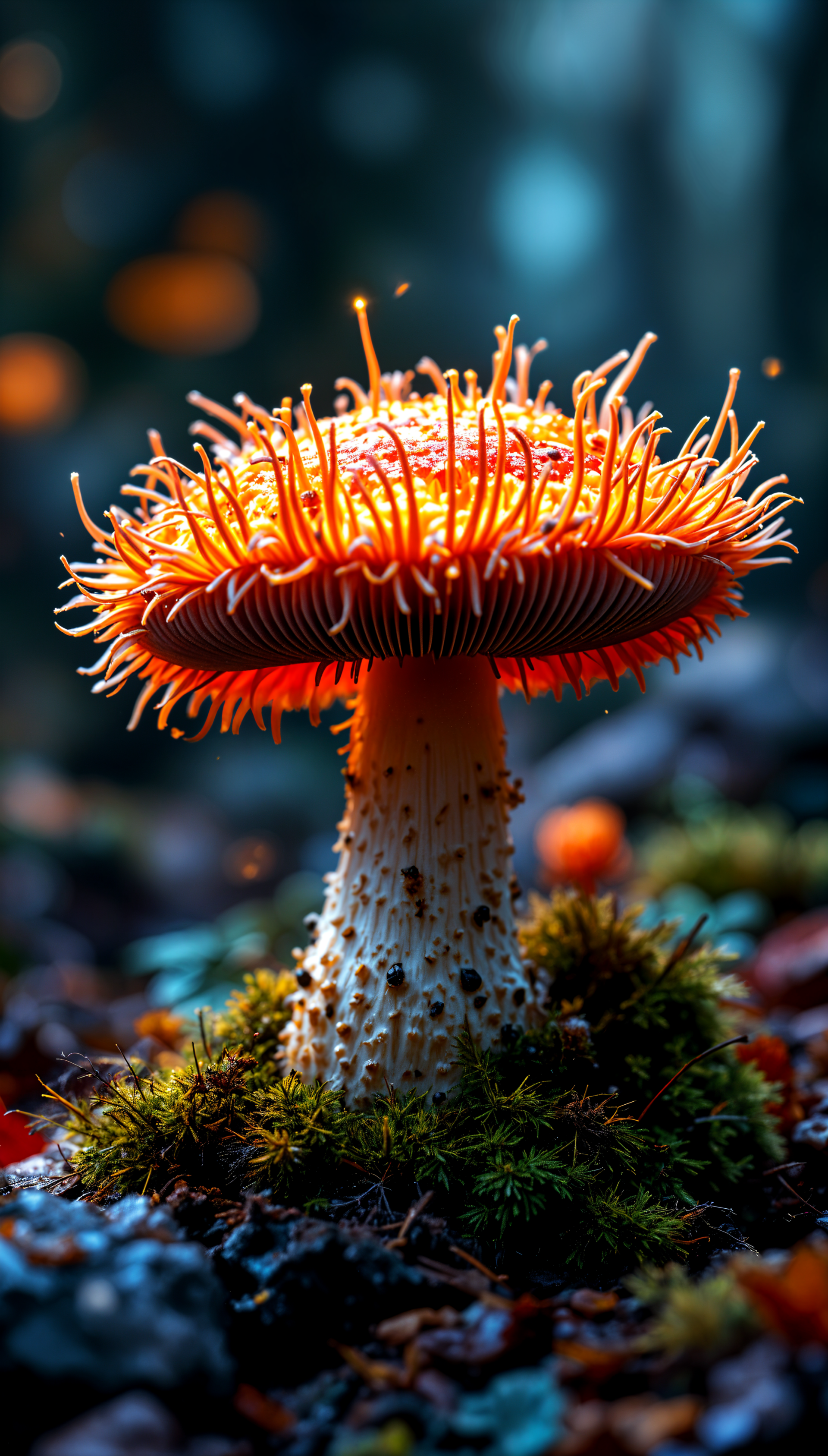 A vibrant orange mushroom with intricate, spiky details stands on lush moss, illuminated by soft light in a mystical forest setting, creating an enchanting phone wallpaper.