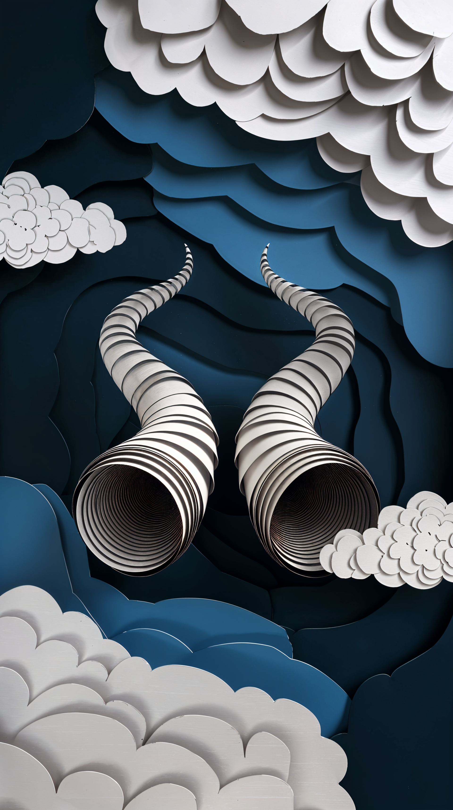 A striking phone wallpaper featuring stylized horns emerging from a swirling backdrop of dark blue and clouds, creating an intriguing and artistic atmosphere.