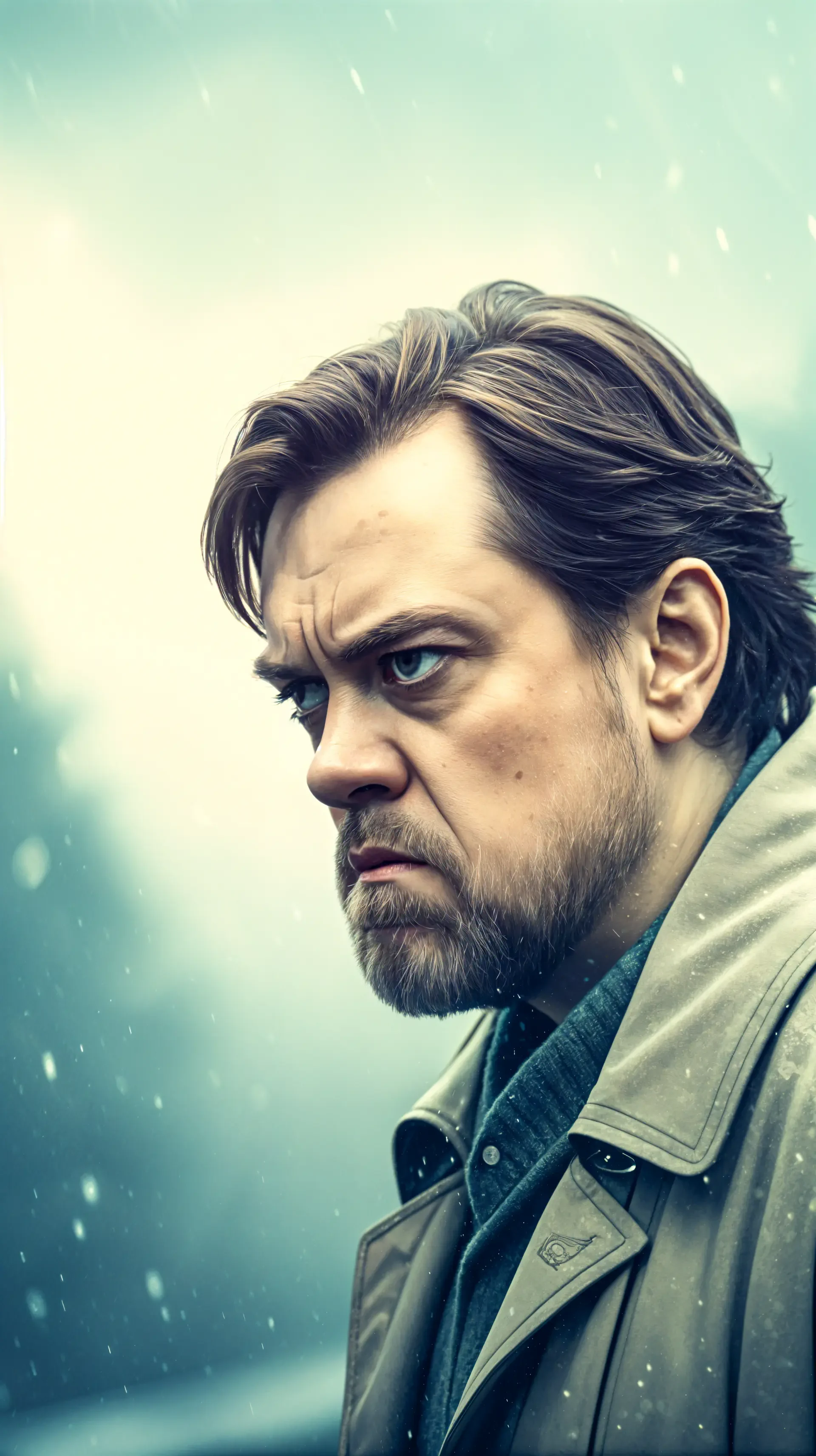 A close-up of a grumpy man with a serious expression, wearing a coat, set against a misty background. This image serves as a bold phone wallpaper choice.