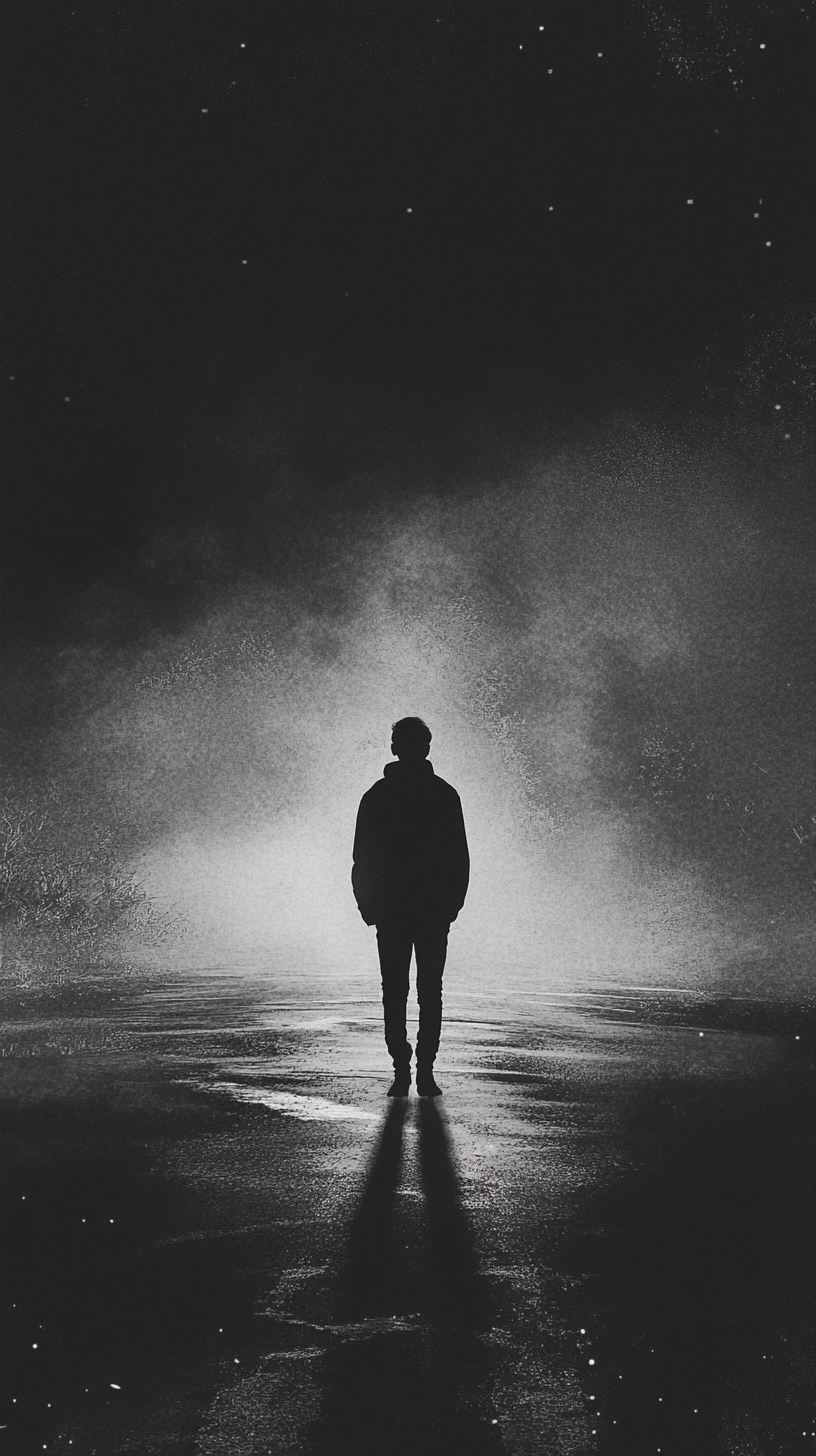 Dark, black-themed phone wallpaper depicting a solitary silhouetted figure standing on a reflective surface with a misty background and faint stars, compatible with iPhones and Android devices.