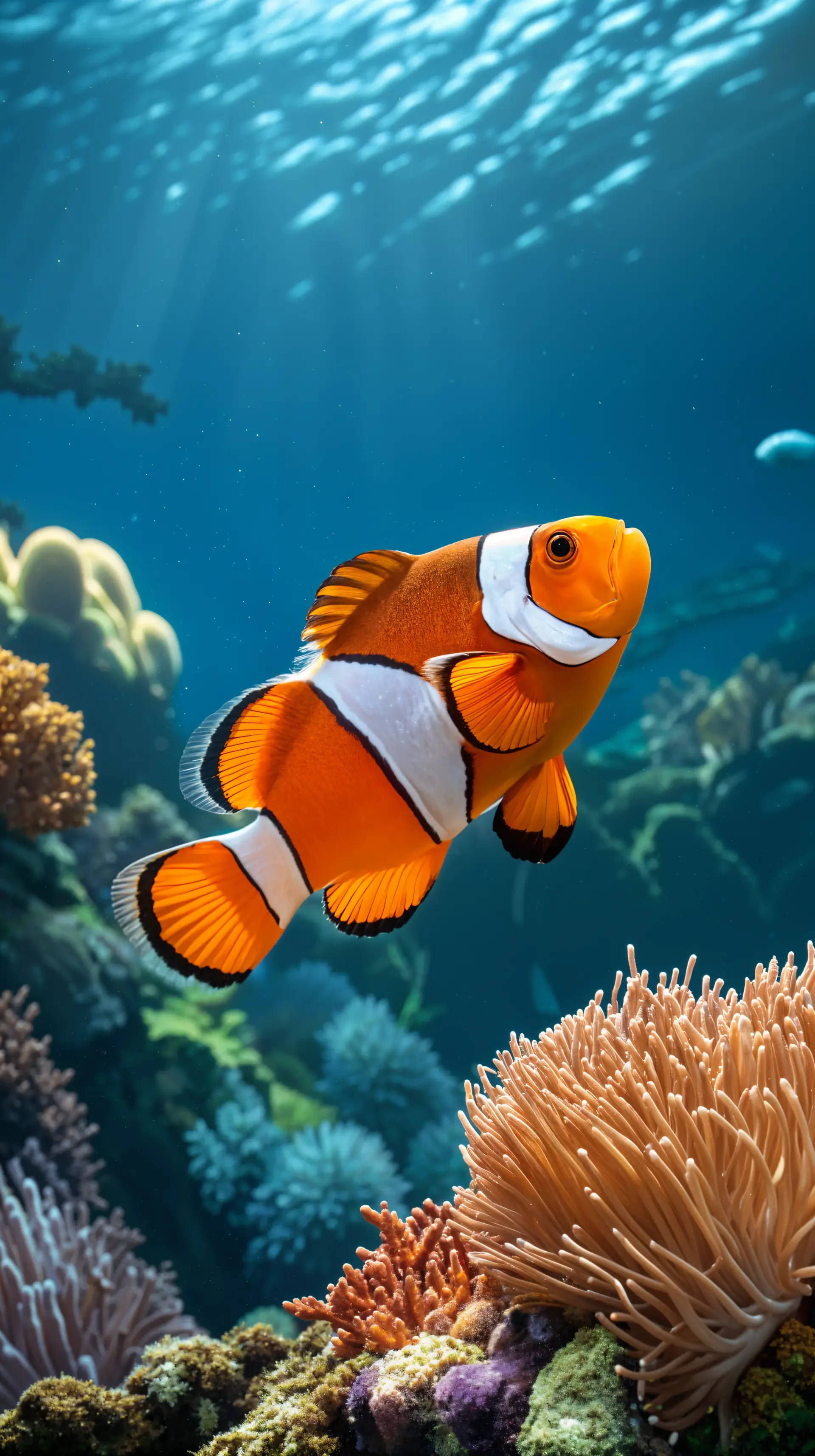 A vibrant clownfish swims among colorful coral in a serene underwater scene, making for an engaging phone wallpaper that brings ocean beauty to your screen.