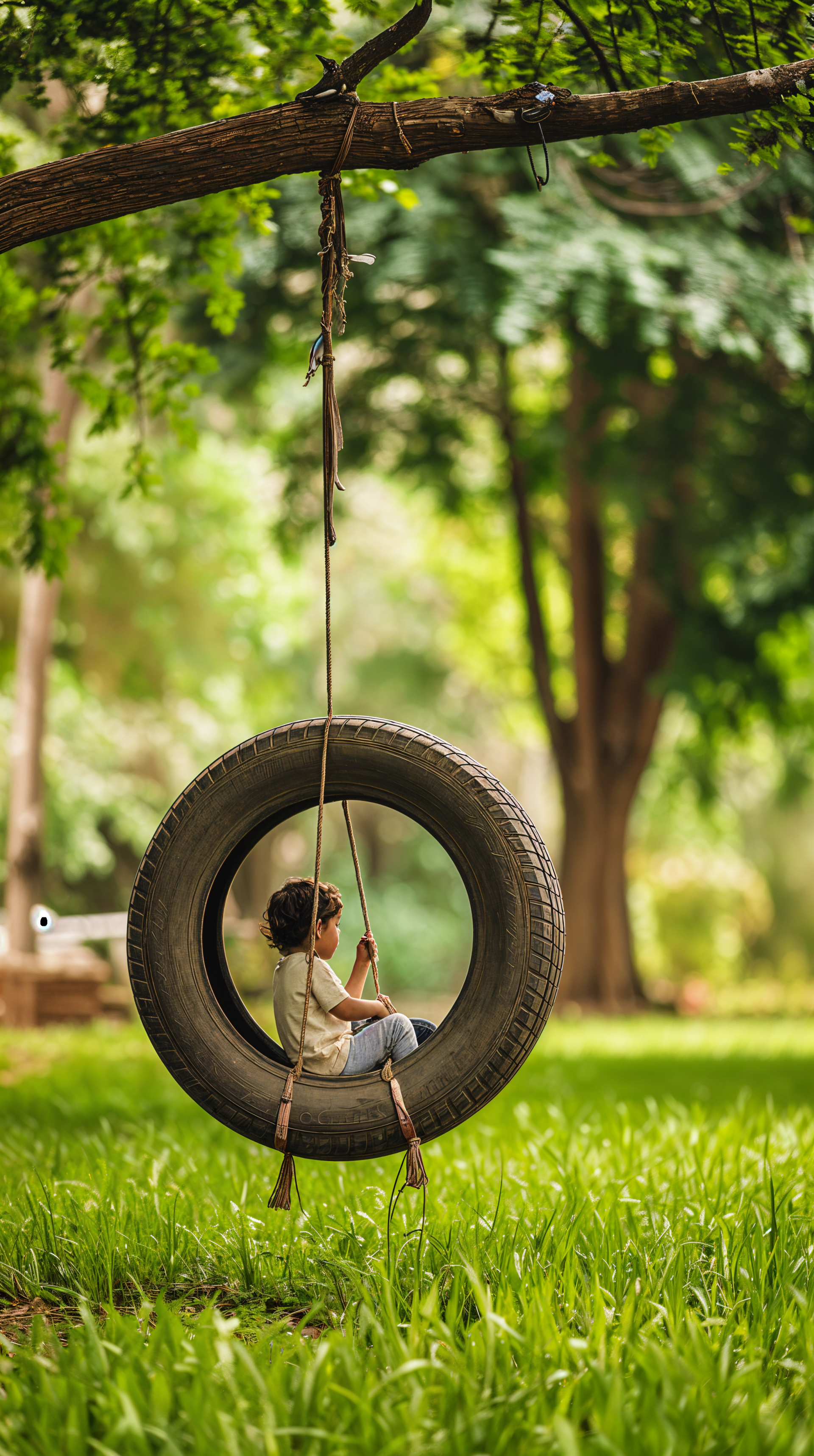 Child sits on a tire swing hanging from a tree branch in a lush, green summer nature setting, captured in a vertical phone wallpaper format.