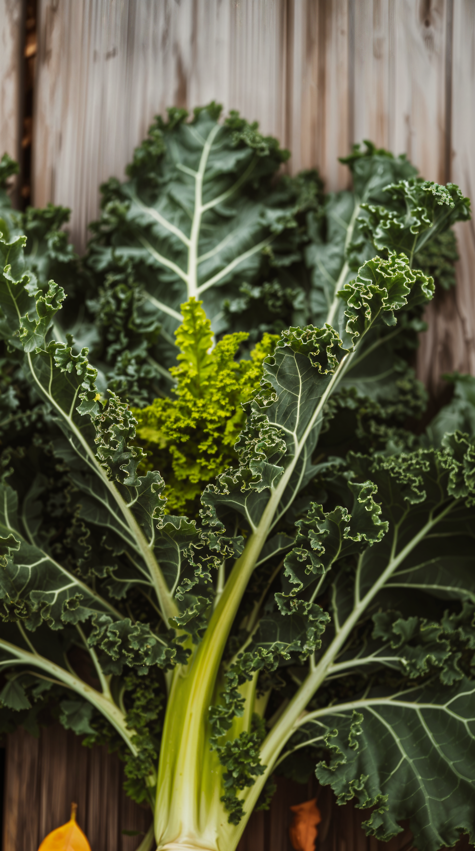 A vibrant close-up of kale leaves showcasing their rich green color and intricate texture, set against a wooden background, making a refreshing phone wallpaper.