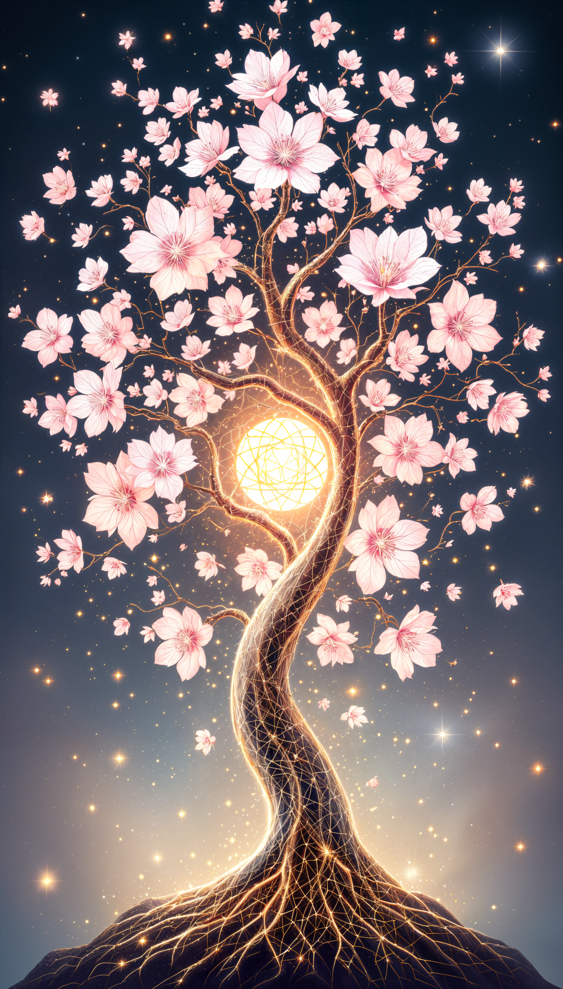 A stunning phone wallpaper featuring a twisting tree adorned with vibrant sakura blossoms, radiating light against a starry background.