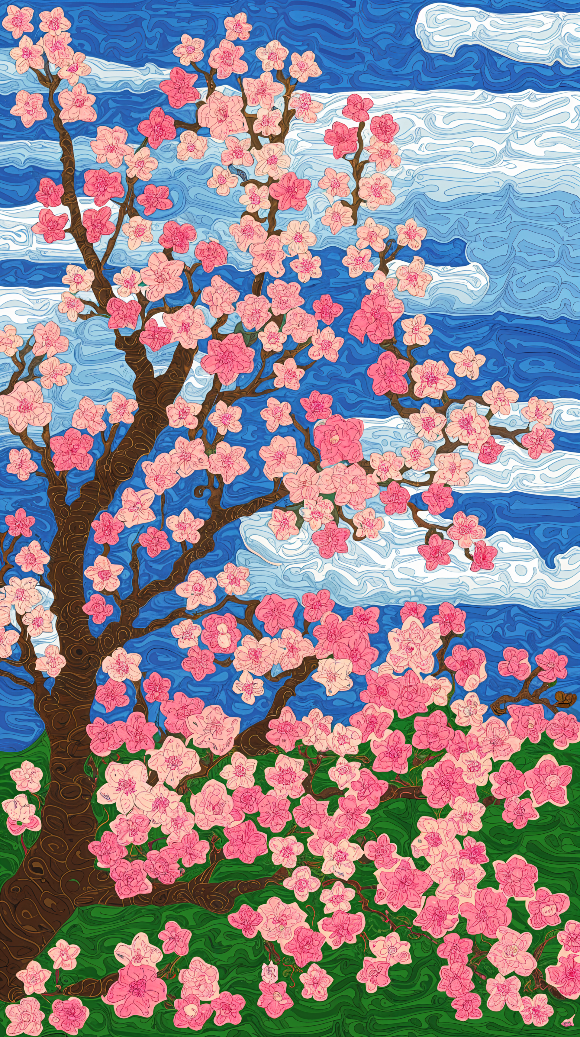 A vibrant phone wallpaper featuring a sakura tree in full bloom, adorned with pink flowers against a blue sky and green grass, capturing the essence of springtime beauty.