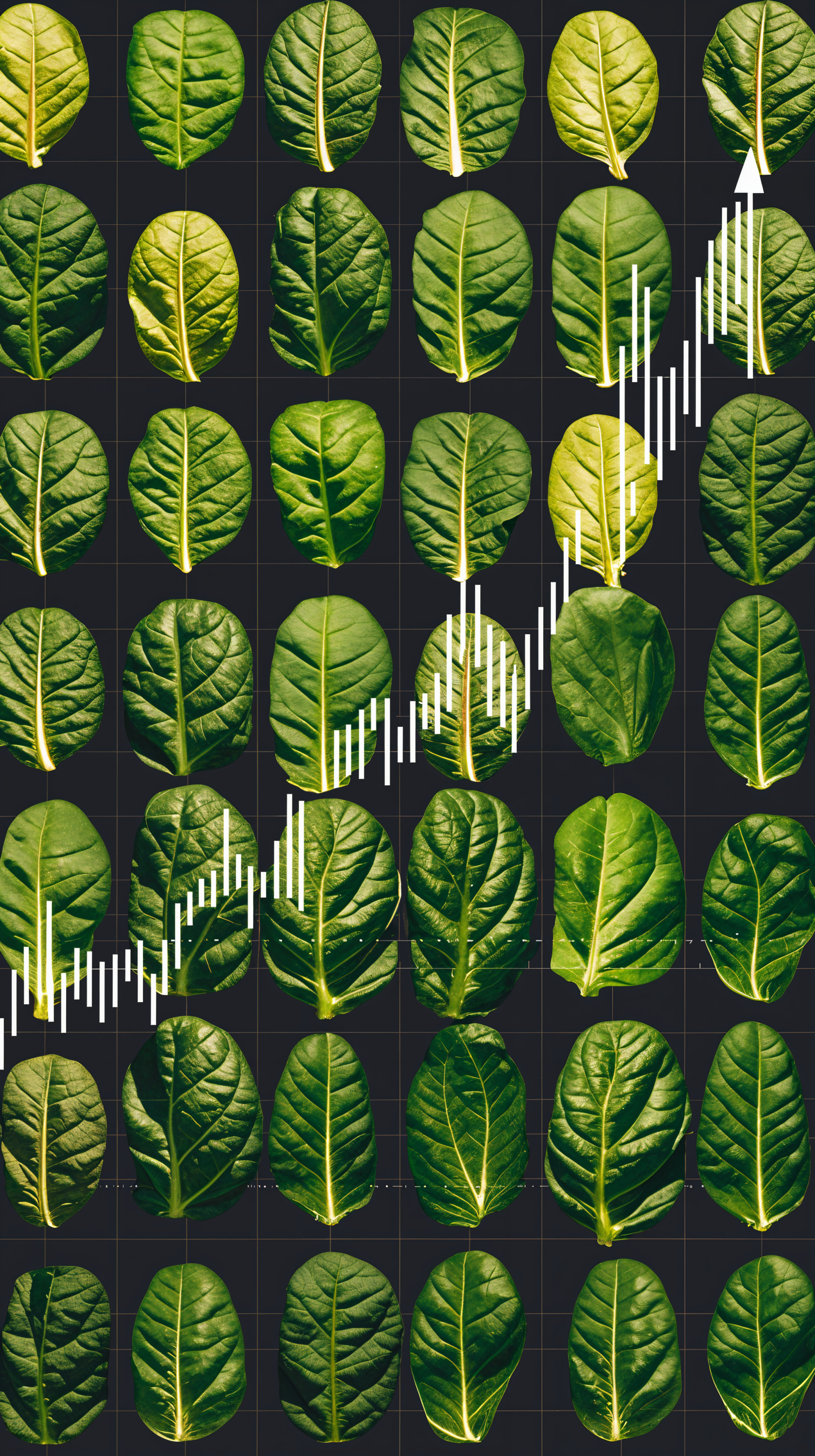 A vibrant phone wallpaper featuring an array of spinach leaves arranged in a grid, complemented by a dynamic upward trend graph in white and green.