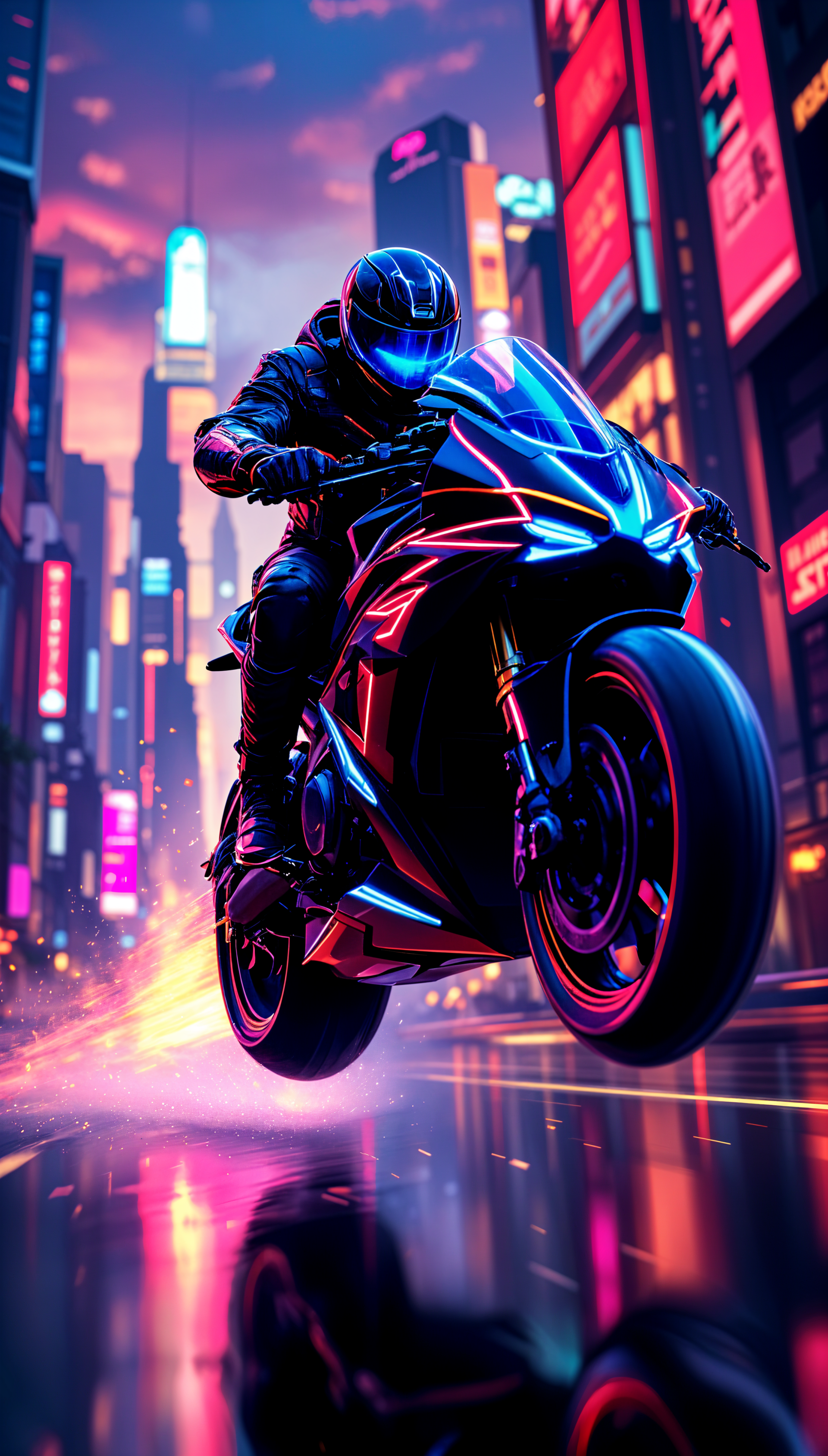 A sleek, futuristic motorcyclist races through a vibrant cityscape, illuminated by neon lights and reflections on wet streets, capturing the thrill of speed and urban adventure.