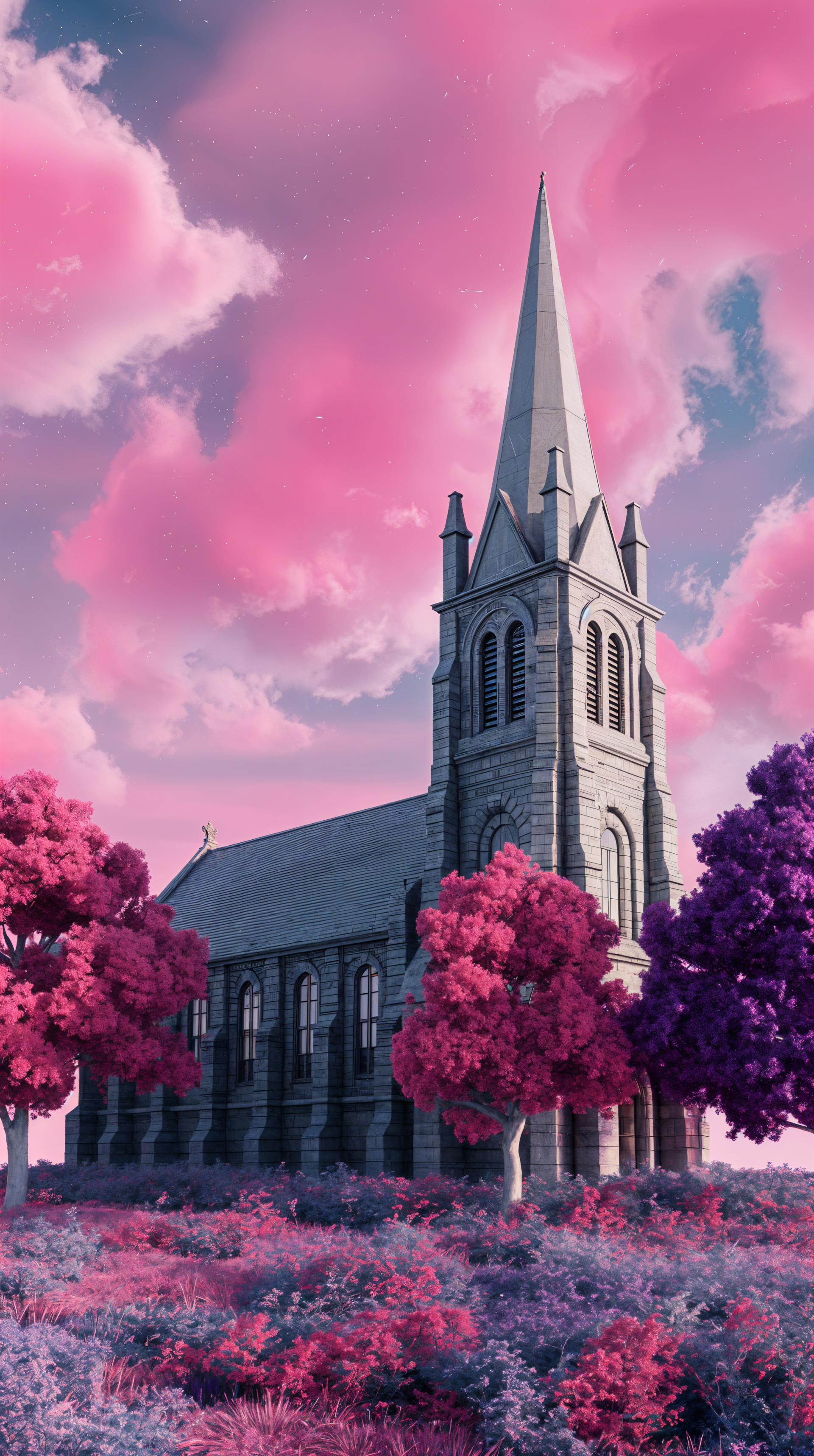 Vertical phone wallpaper showing a stone church with a tall steeple, surrounded by colorful pink and purple trees under a vibrant pink sky with fluffy clouds.