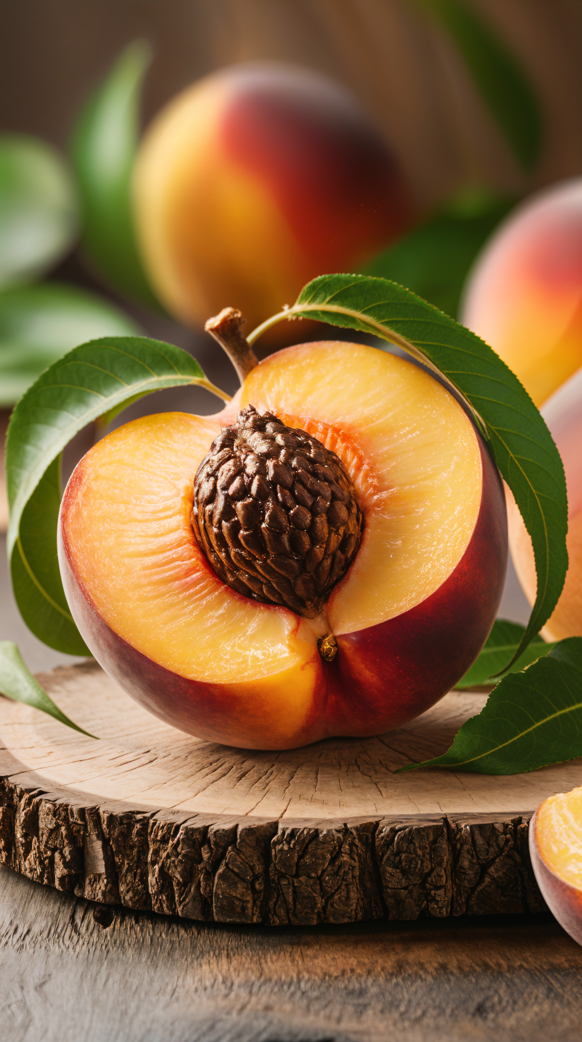 Close-up of a fresh, sliced peach with vibrant colors and green leaves on a wooden surface, designed as a crisp phone wallpaper for iPhones and Android phones.