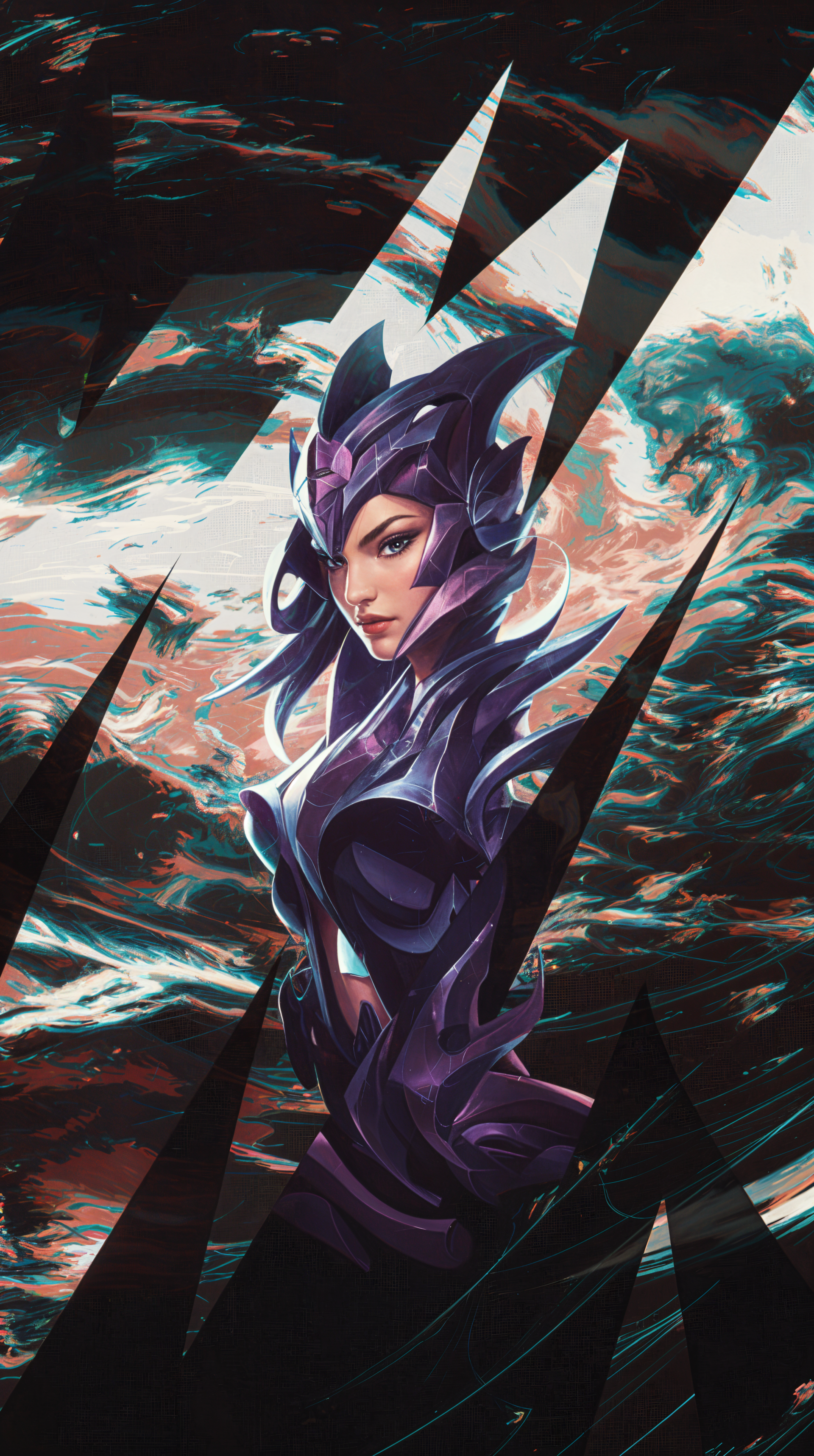 A dynamic phone wallpaper featuring a fierce character adorned in dark armor with a striking crown, set against a turbulent ocean backdrop and dramatic angular patterns.