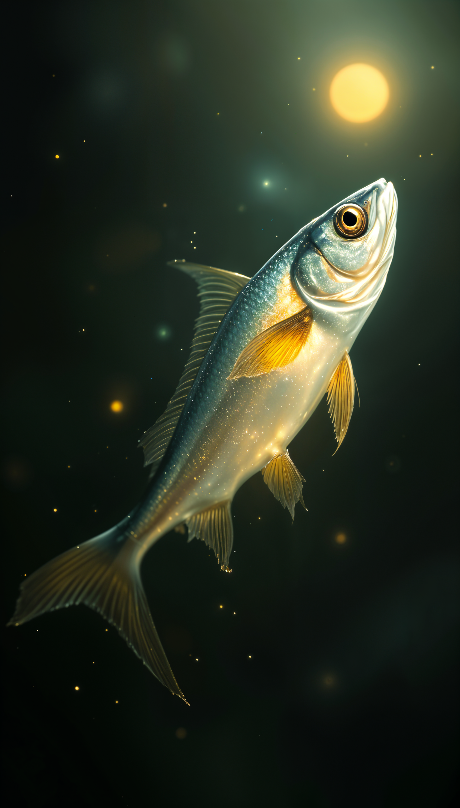 A beautifully illuminated sardine swims gracefully against a dark background, creating an eye-catching phone wallpaper that evokes a sense of tranquility and wonder.