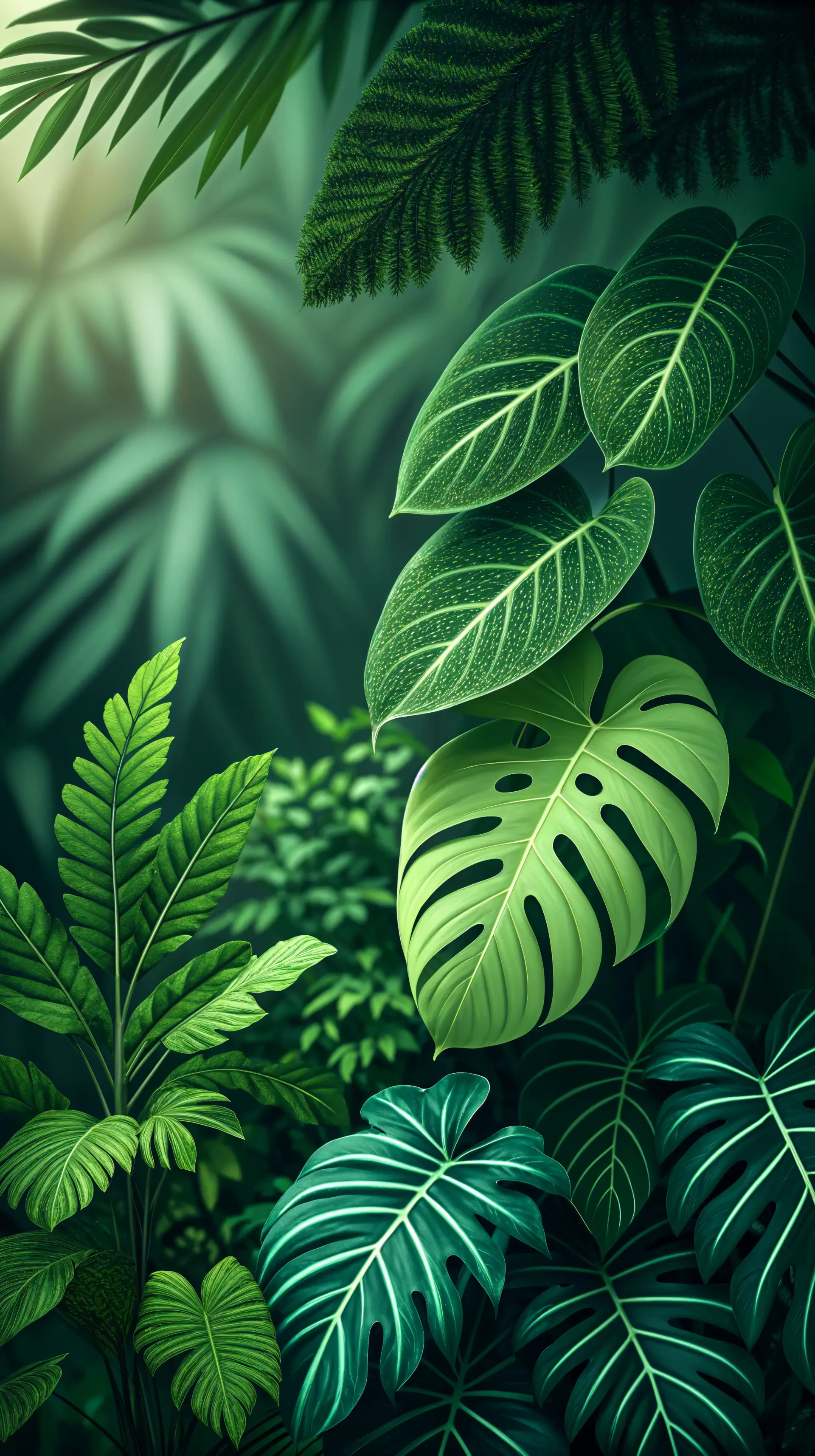 Lush green tropical leaves create a vibrant and dynamic phone wallpaper, bringing an exotic and refreshing feel to your device.