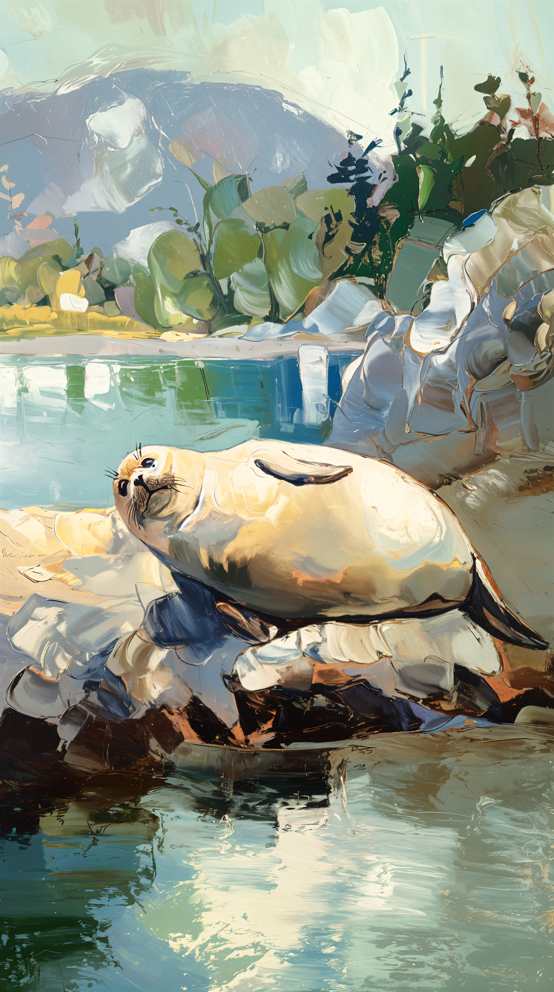 A serene seal basking on a rocky shore, surrounded by gentle water and greenery, captured in a beautifully stylized artwork. This image makes a vibrant phone wallpaper.