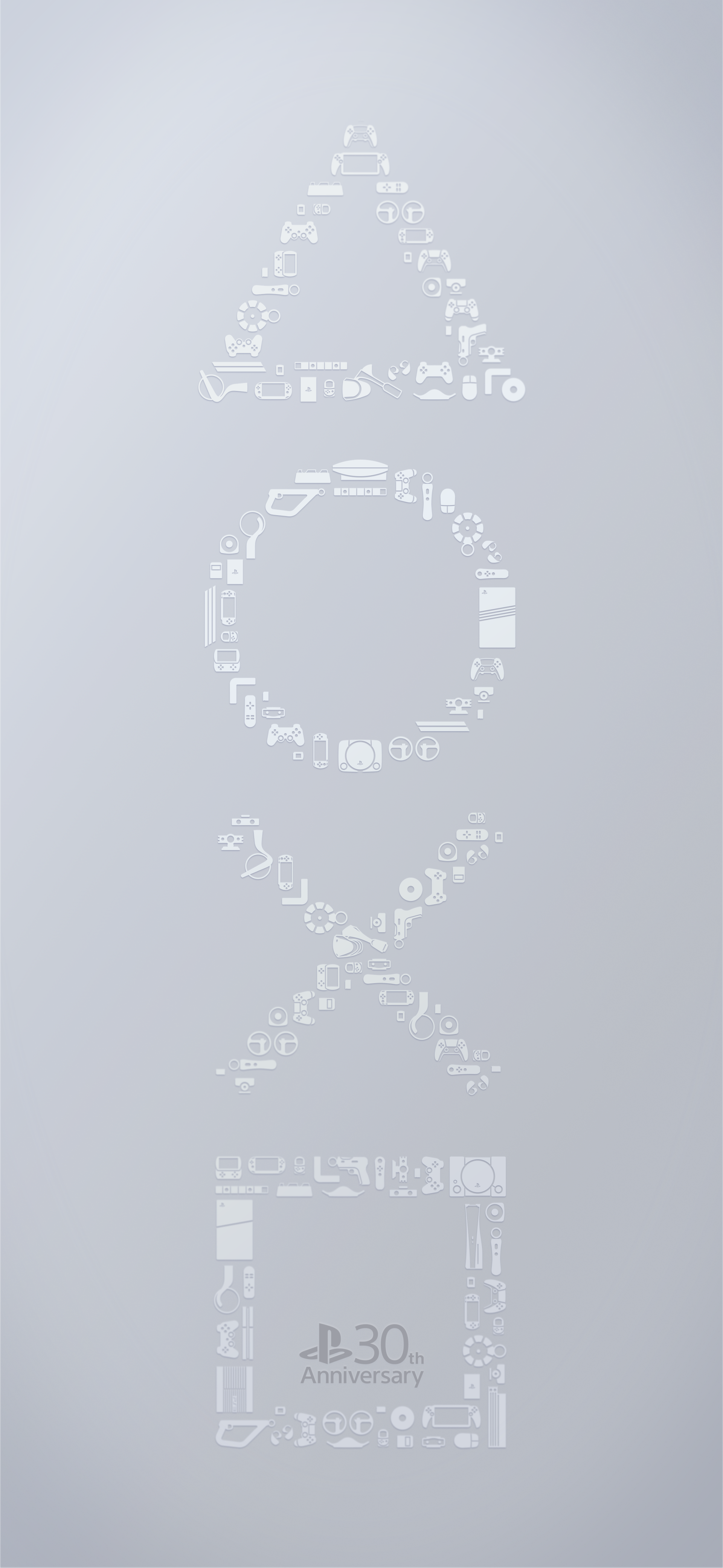 A sleek phone wallpaper features the iconic PlayStation symbols arranged with gaming elements, celebrating the 30th anniversary of PlayStation and PlayStation 5.
