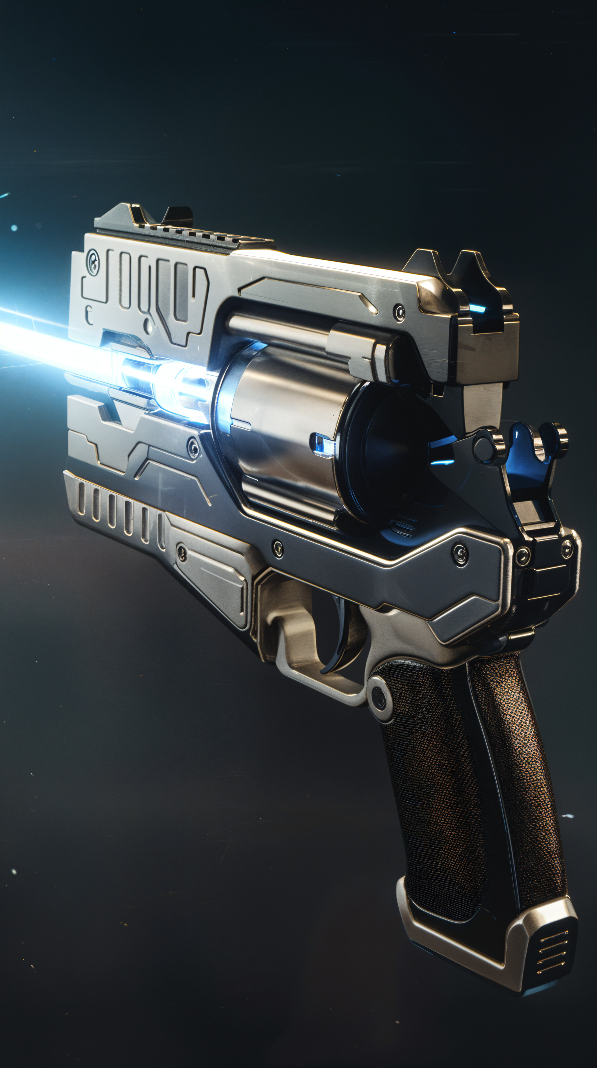 A futuristic laser gun emits a vibrant blue beam, set against a sleek dark background. This dynamic image makes an engaging phone wallpaper.