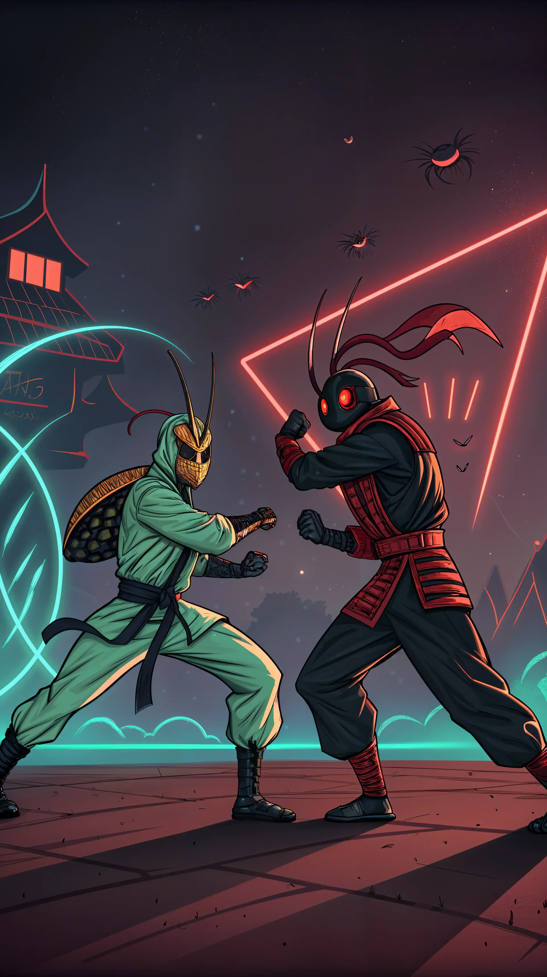 A dynamic phone wallpaper featuring two martial artists in vibrant colors, set against a stylized background with neon elements, showcasing their intense battle stance.