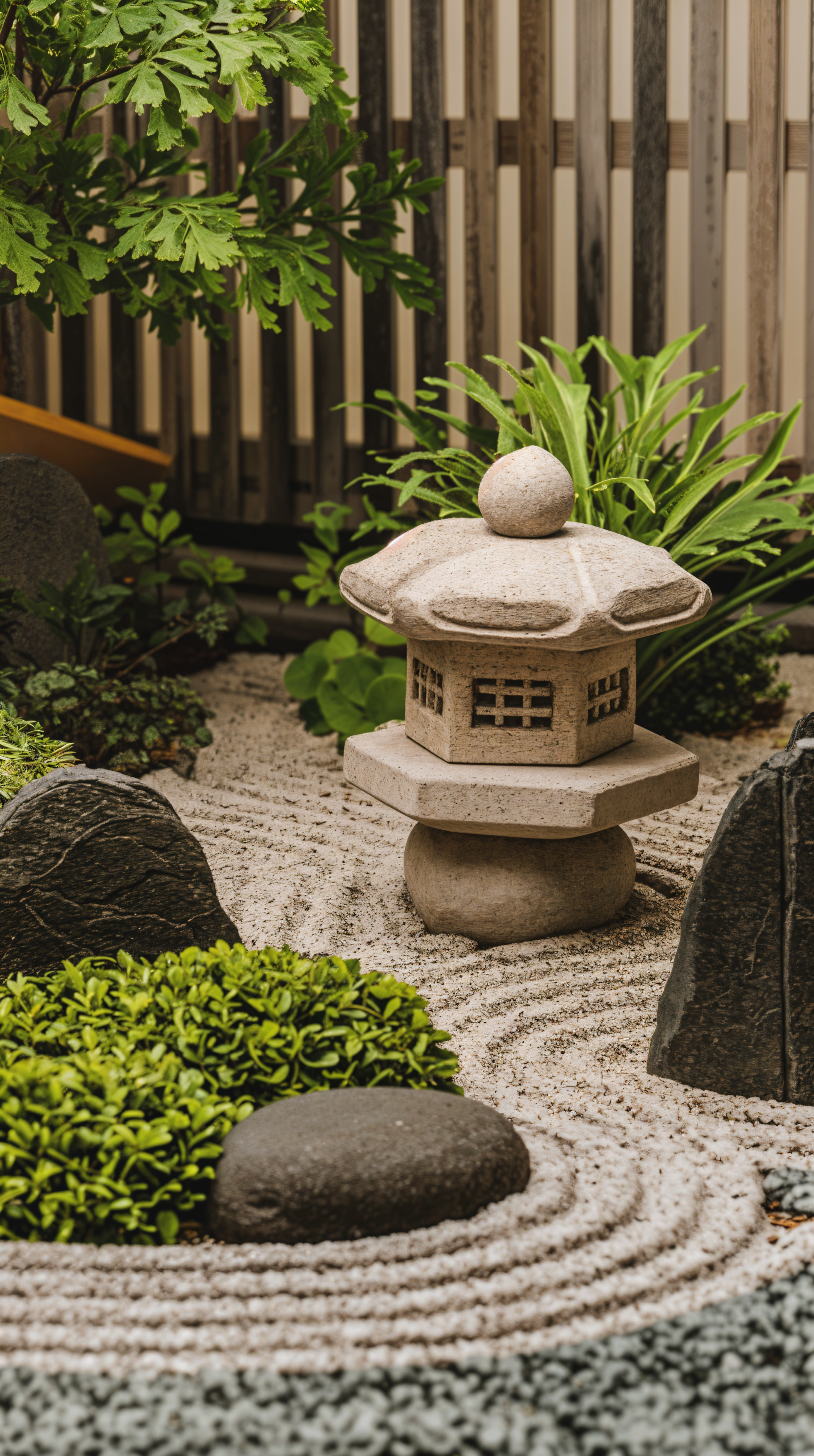 Zen Japanese garden phone wallpaper featuring a stone lantern surrounded by carefully raked gravel, lush greenery, and traditional landscaping elements for iPhone and Android.