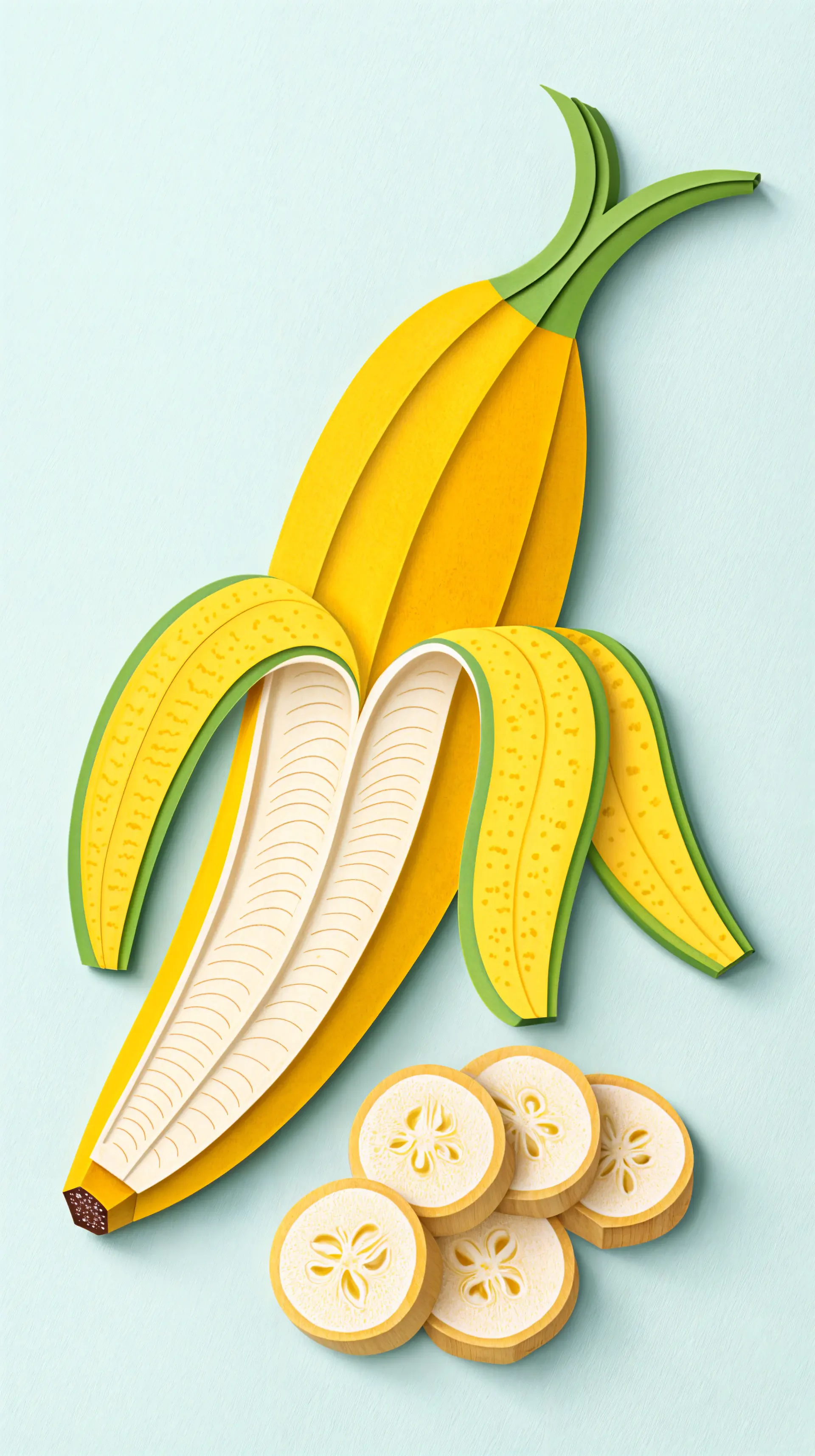 Illustration of a peeled yellow banana with sliced pieces, designed as a phone wallpaper compatible with iPhones and Android devices.